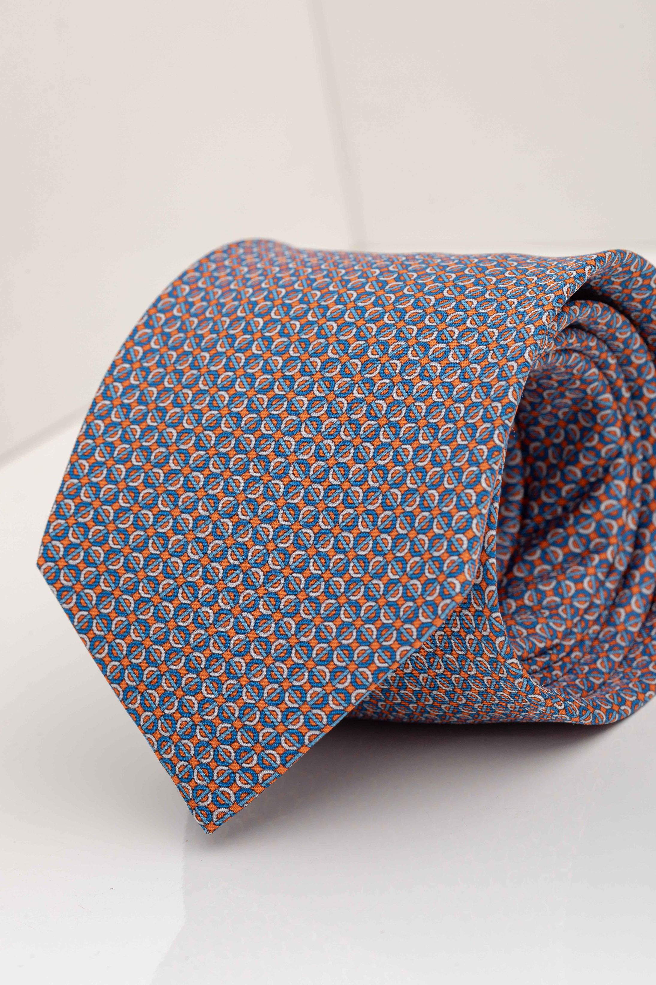 Gravata Seda Italiana Laranja Micro desenho Azul