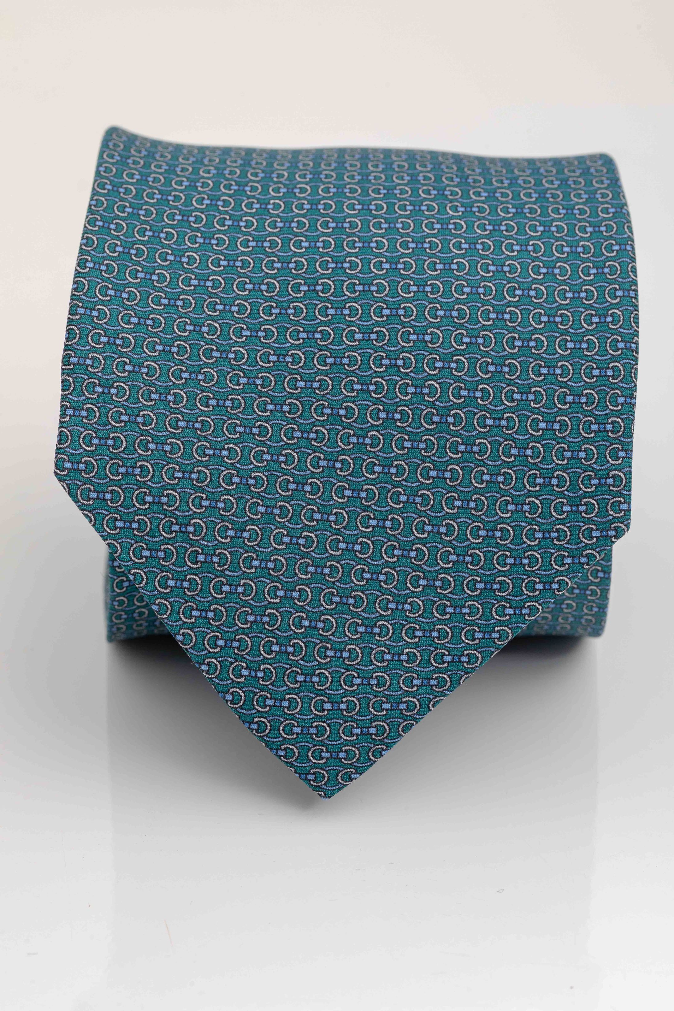 Gravata Seda Italiana Verde Micro desenho Azul - Diodato Alfaiataria