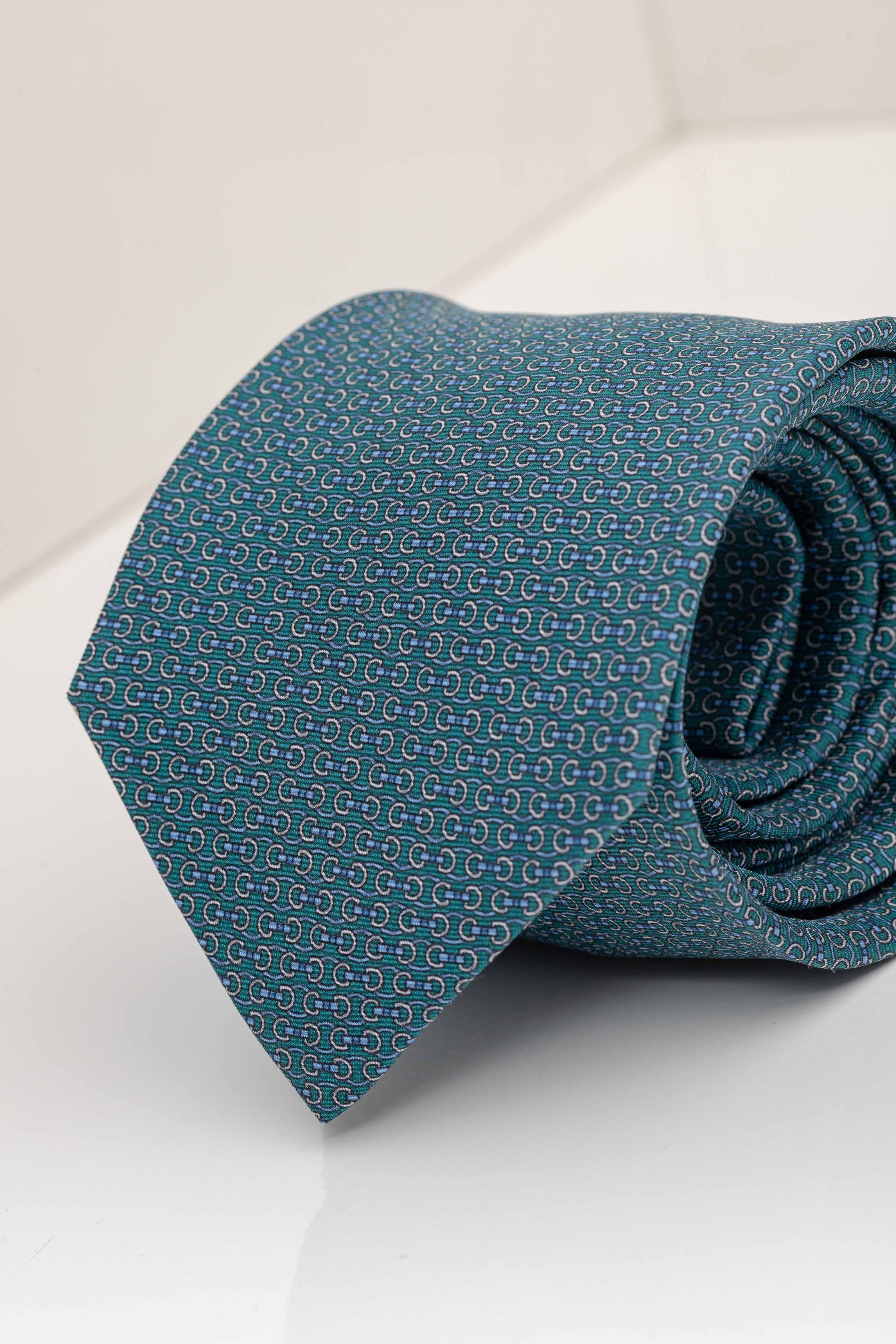 Gravata Seda Italiana Verde Micro desenho Azul