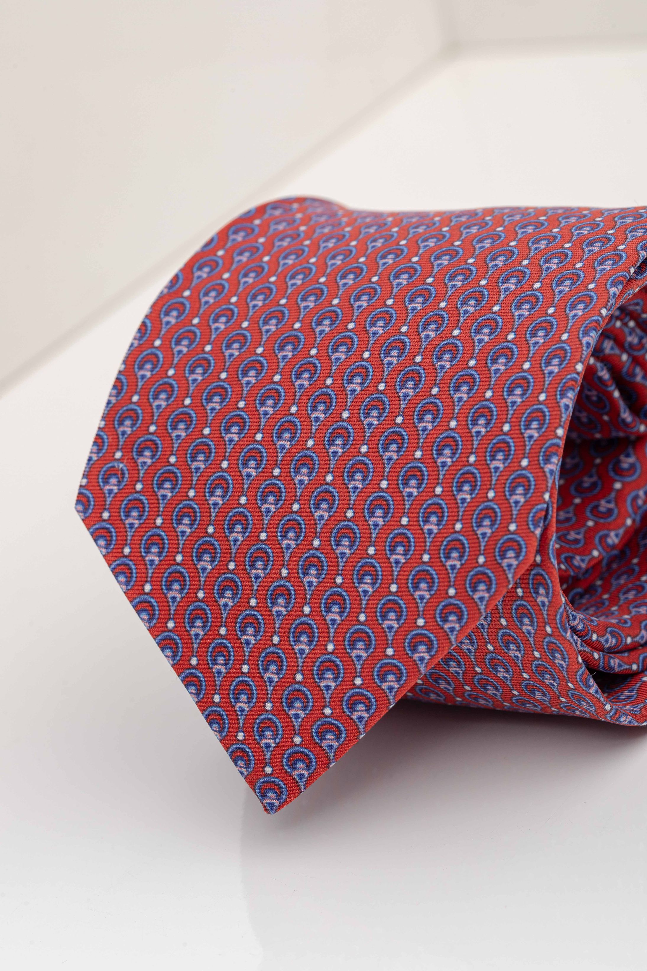 Gravata Seda Italiana Vermelha Micro desenho Azul