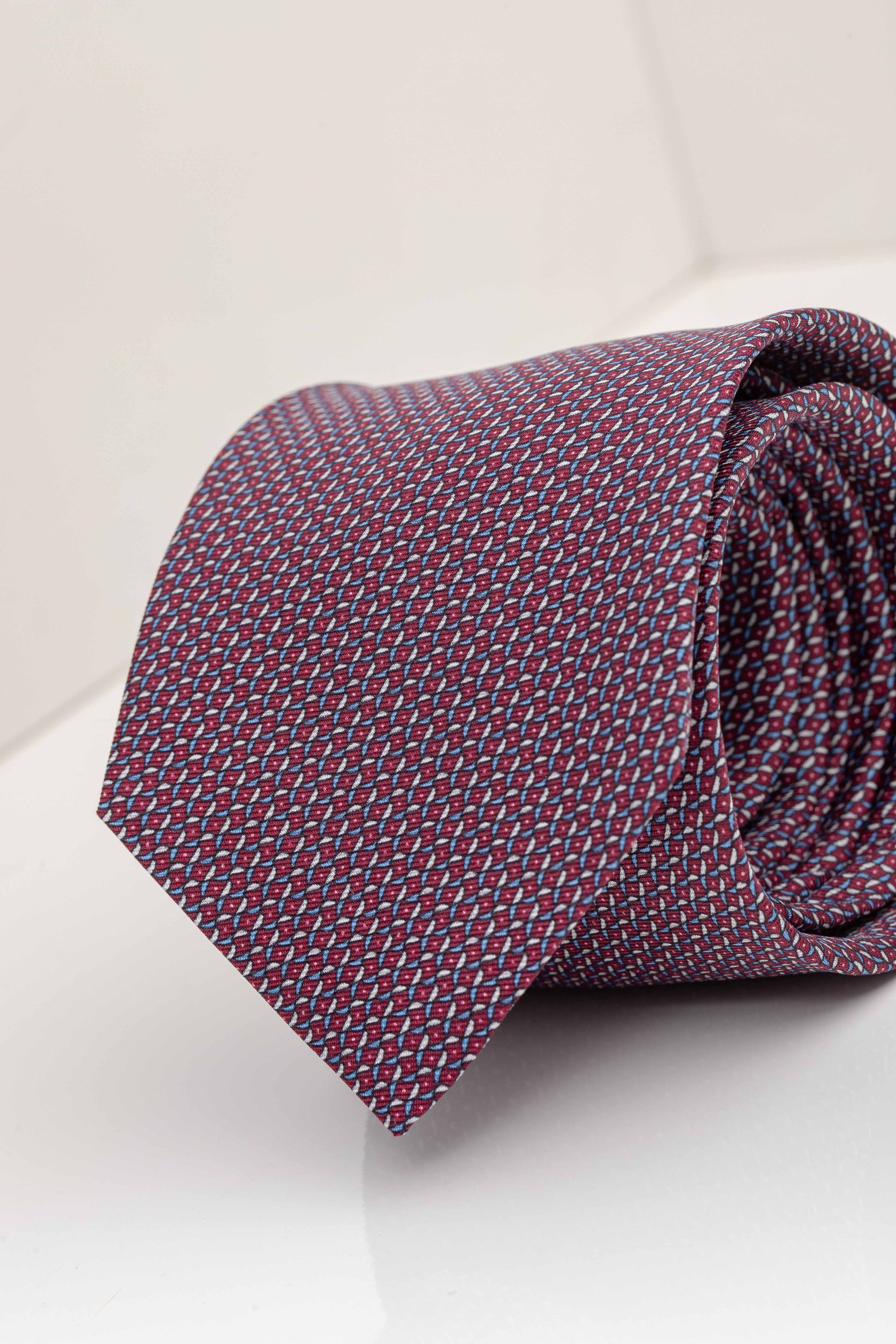 Gravata Seda Italiana Vinho Micro desenho azul