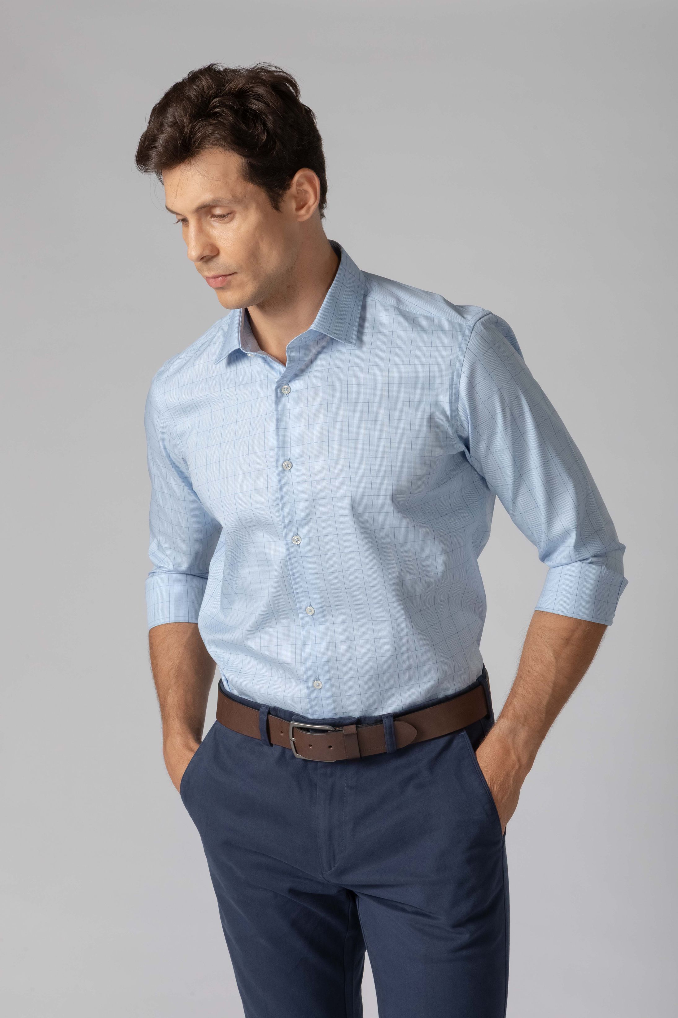 Camisa Manga Longa Slim fit Fio 80 Azul Xadrez