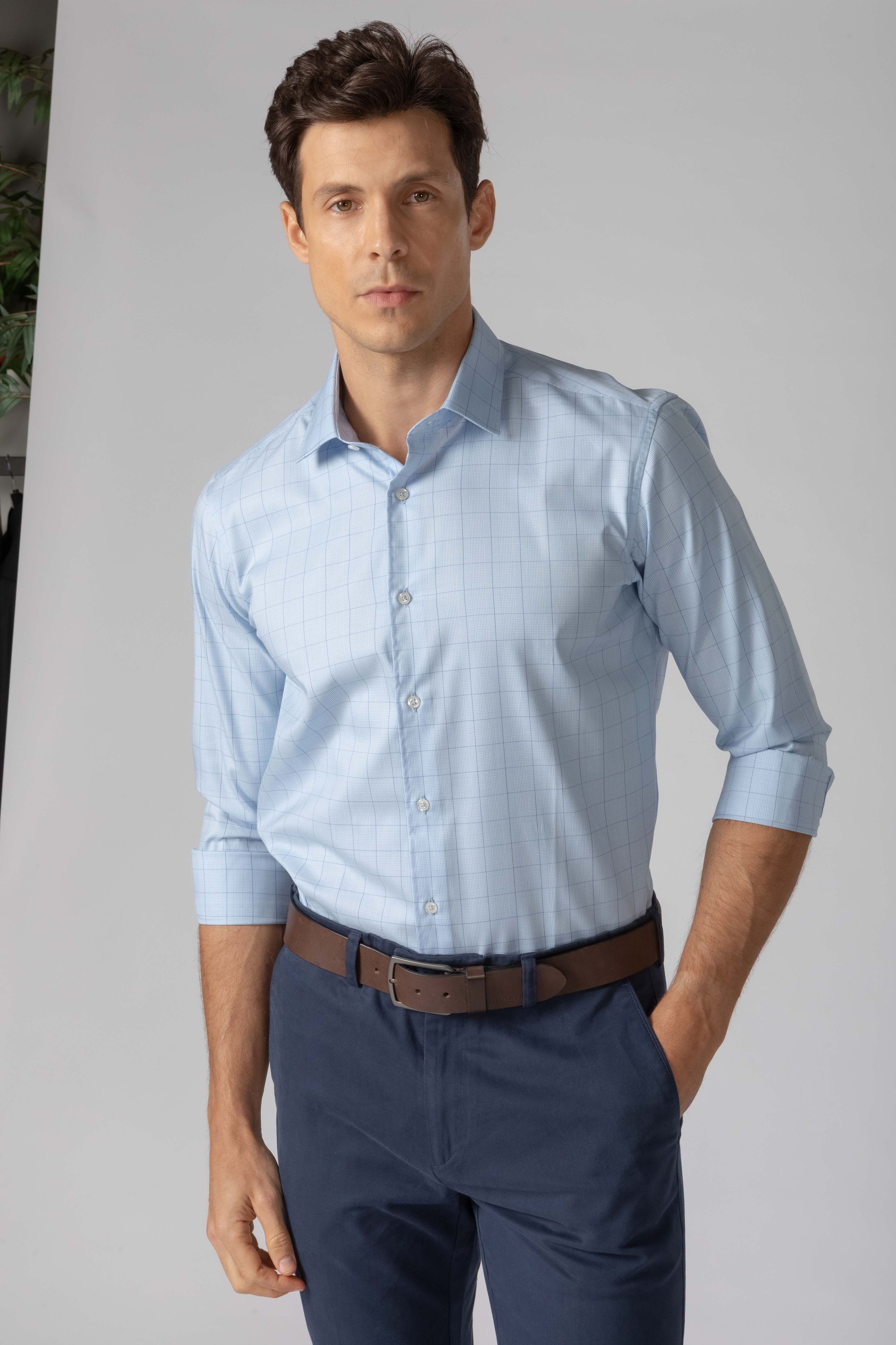 Camisa Manga Longa Slim fit Fio 80 Azul Xadrez