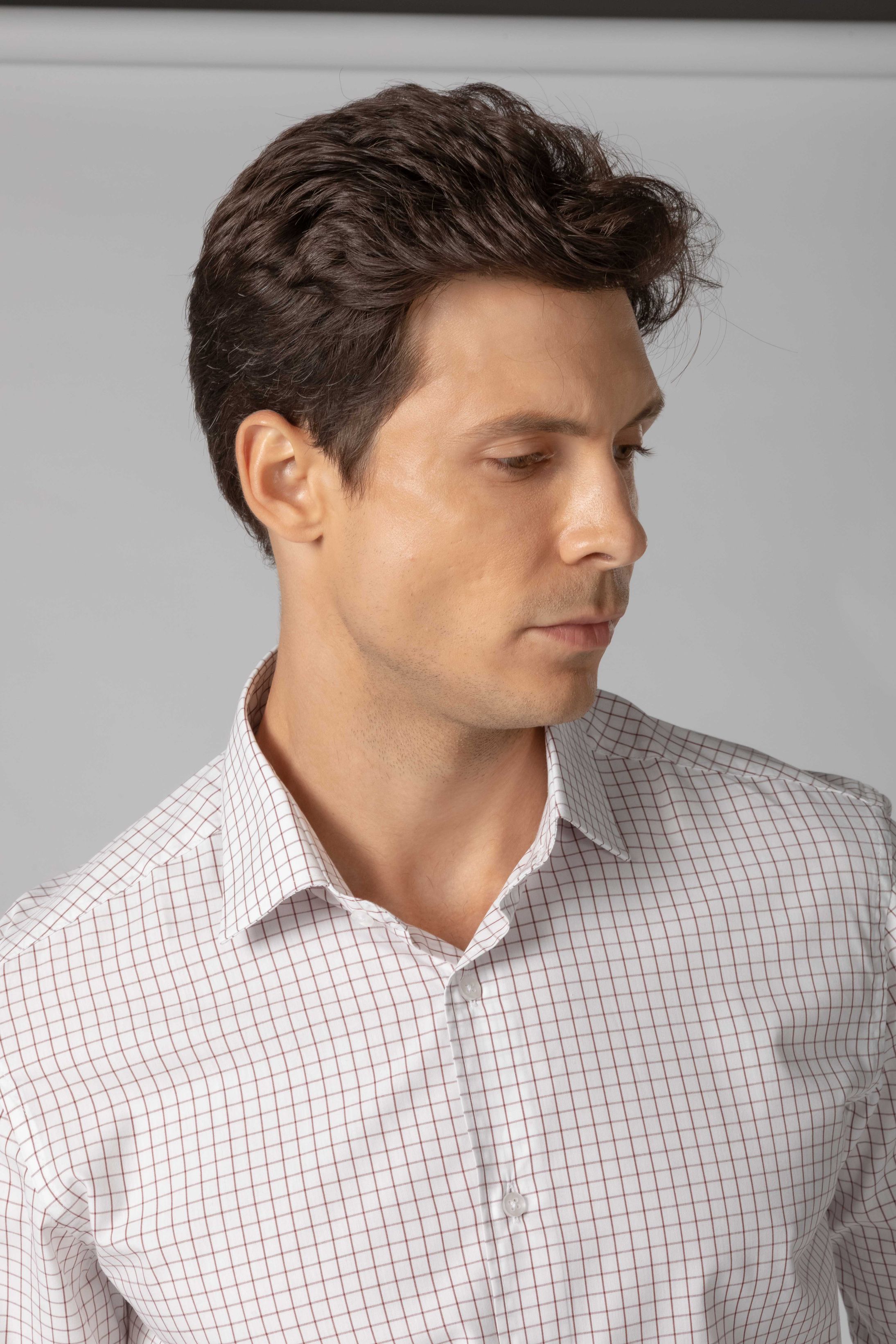 Camisa Manga Longa Slim fit Branco Quadriculado Vinho