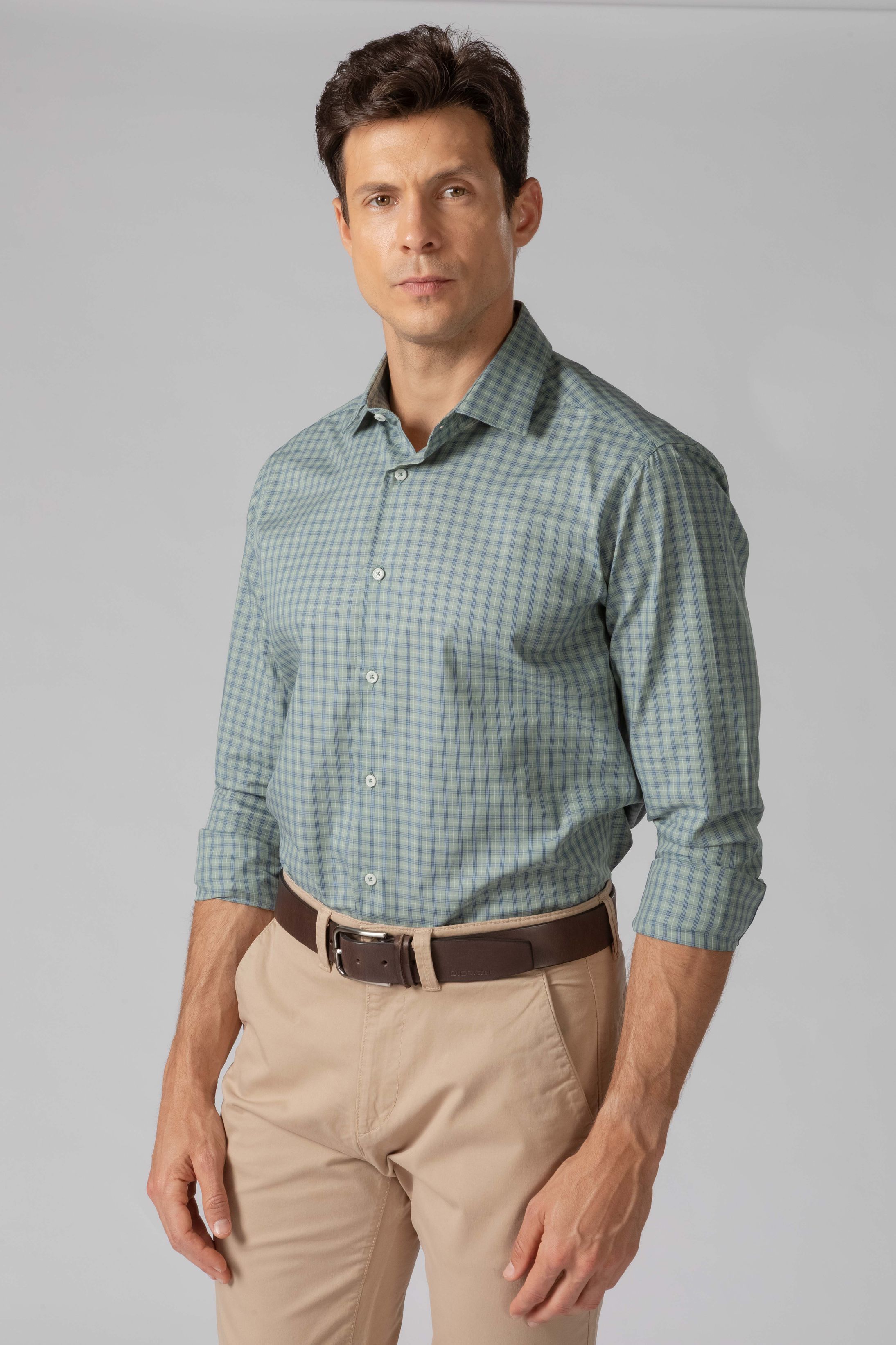 Camisa Manga Longa Regular Verde Xadrez Azul