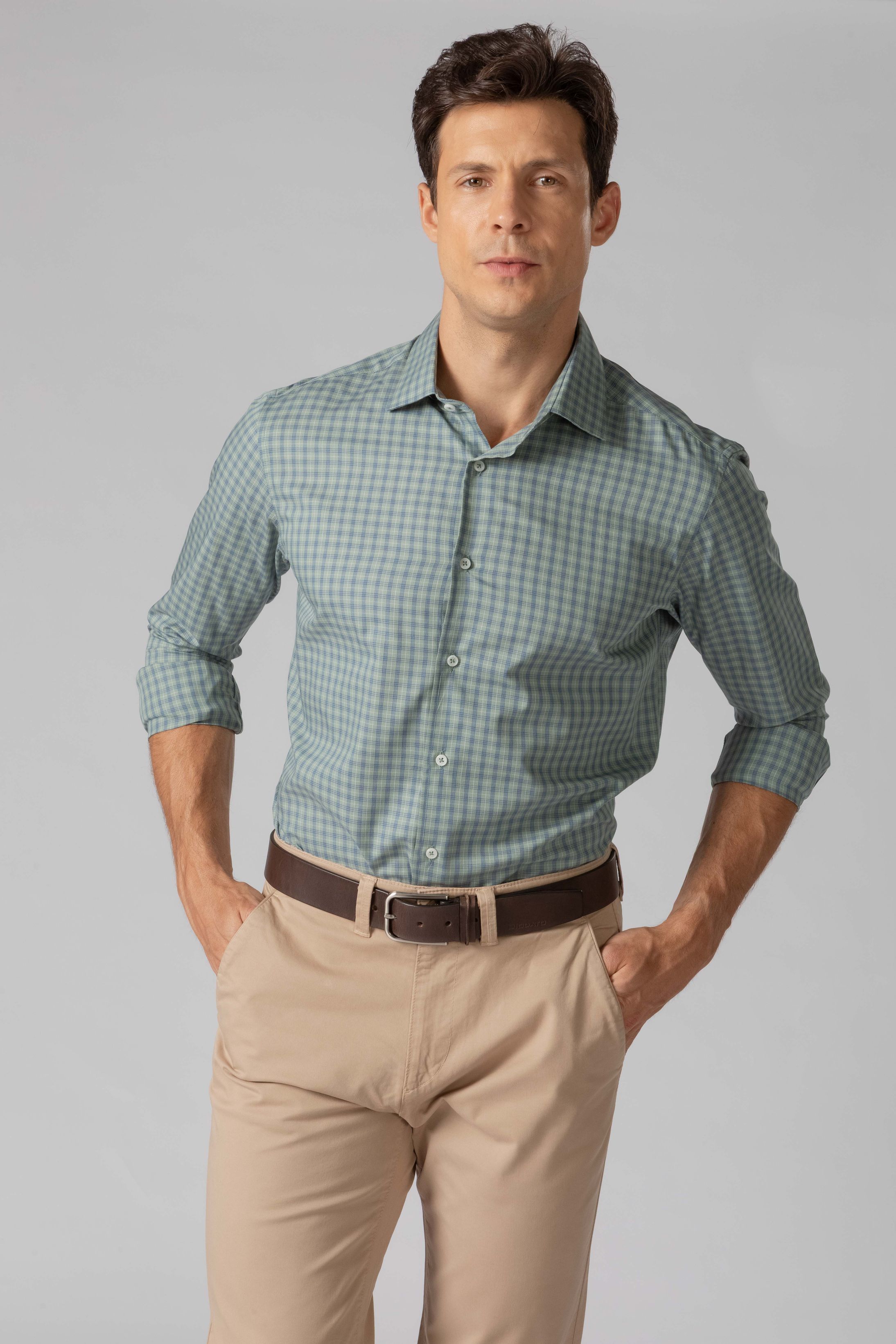 Camisa Manga Longa Regular Verde Xadrez Azul - Diodato Alfaiataria