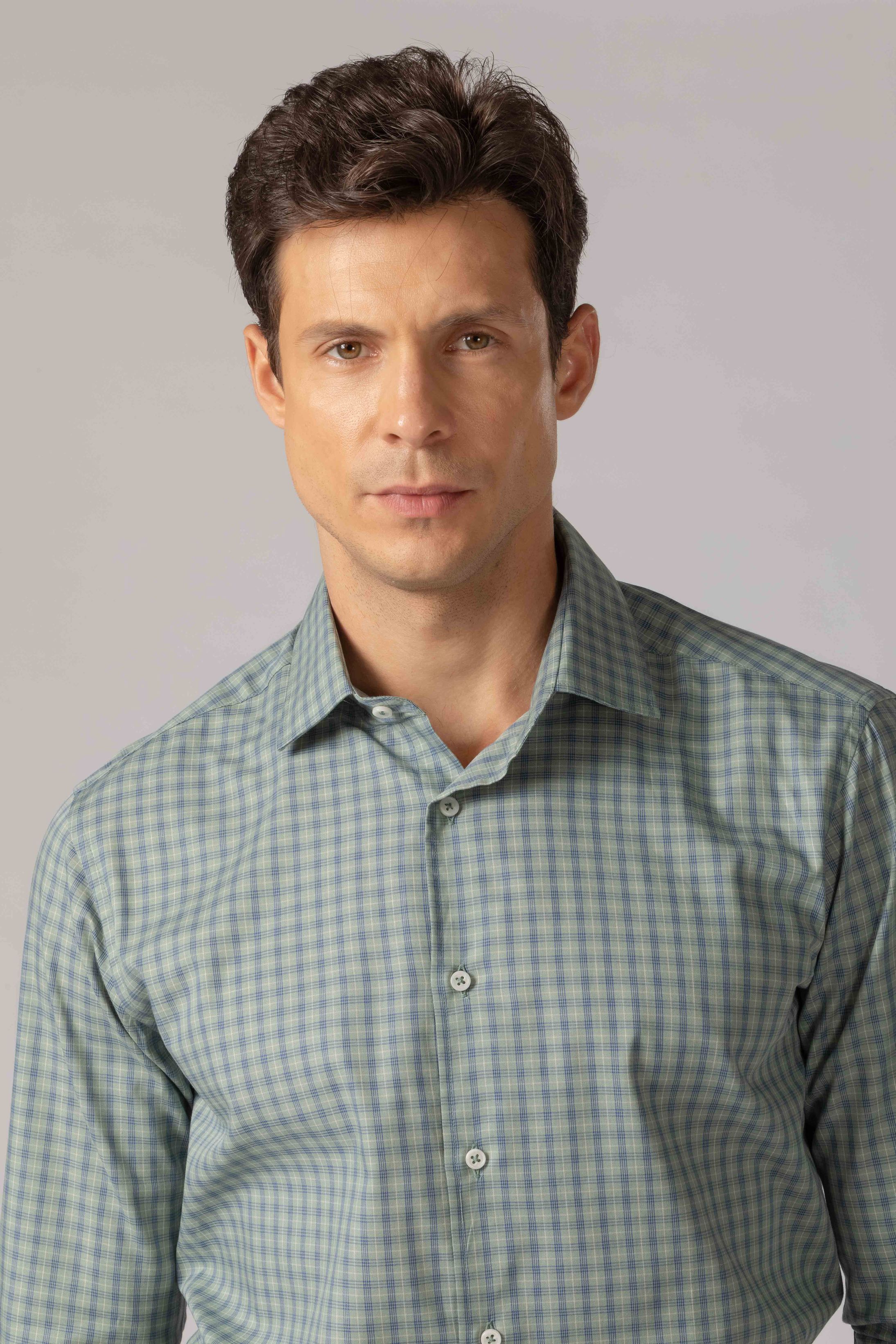 Camisa Manga Longa Regular Verde Xadrez Azul