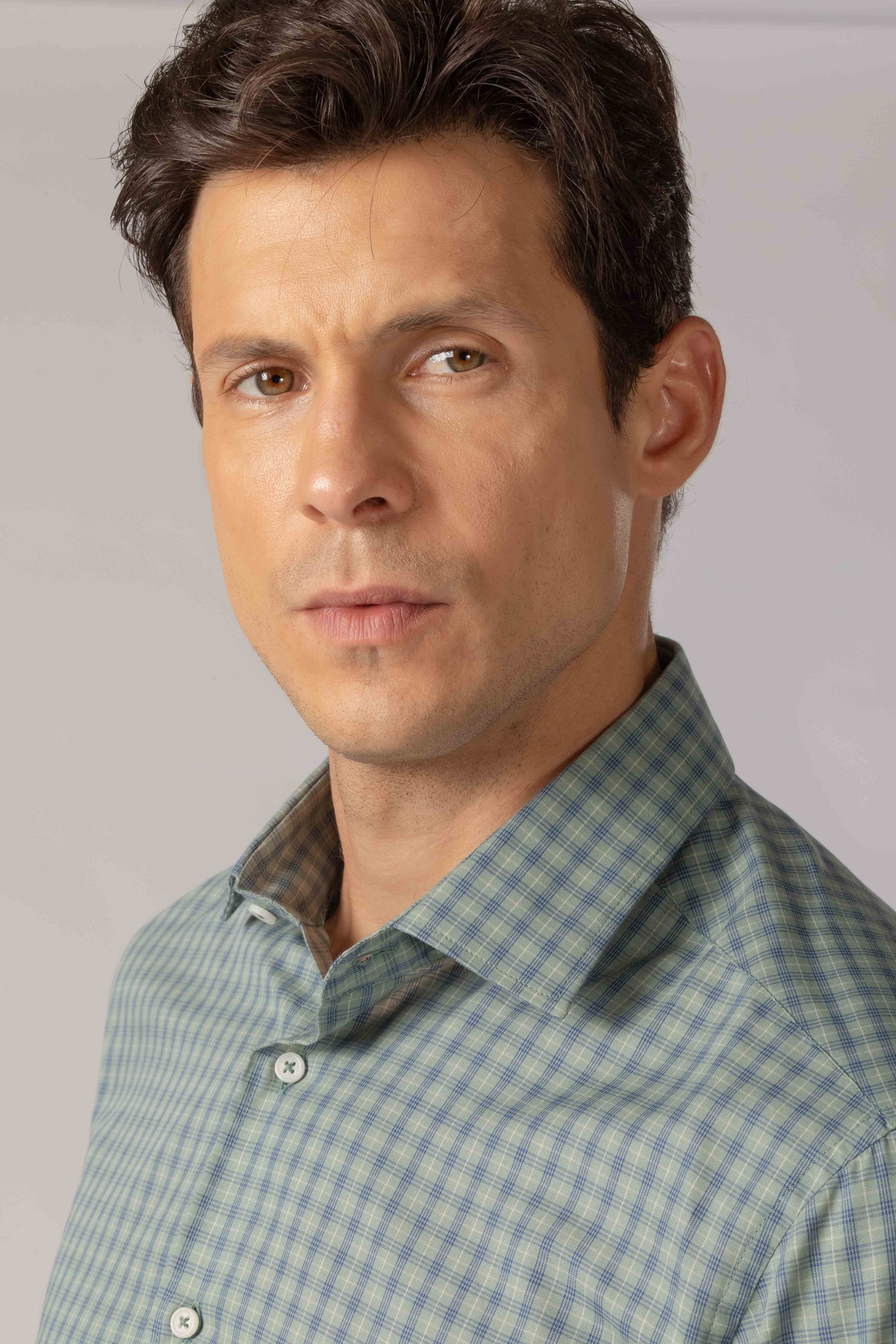 Camisa Manga Longa Regular Verde Xadrez Azul