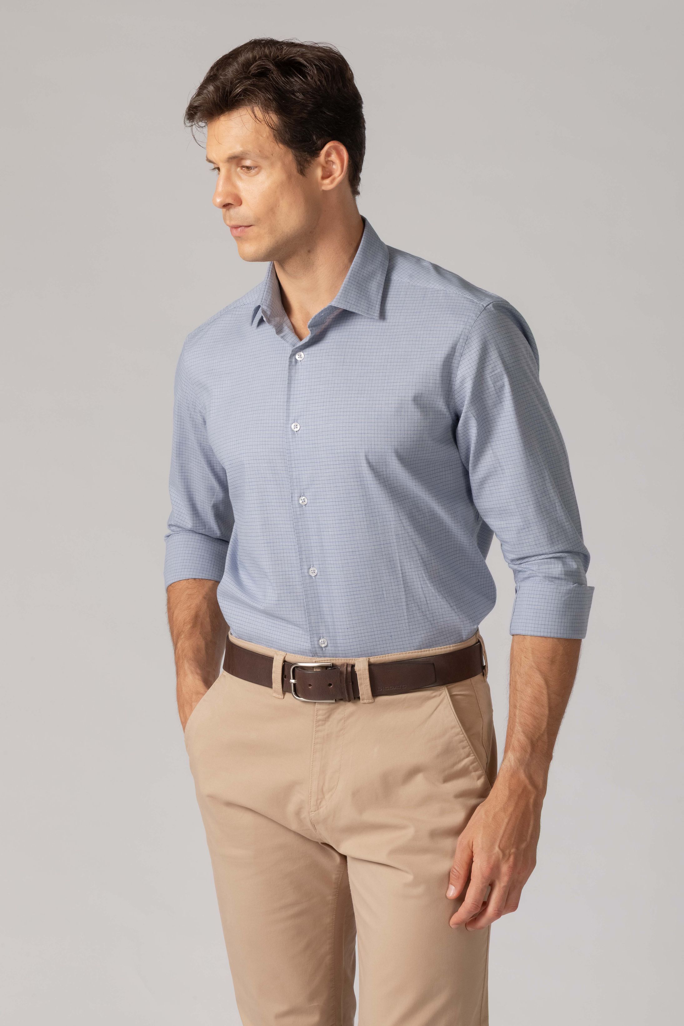 Camisa Manga Longa Regular Azul Quadriculado