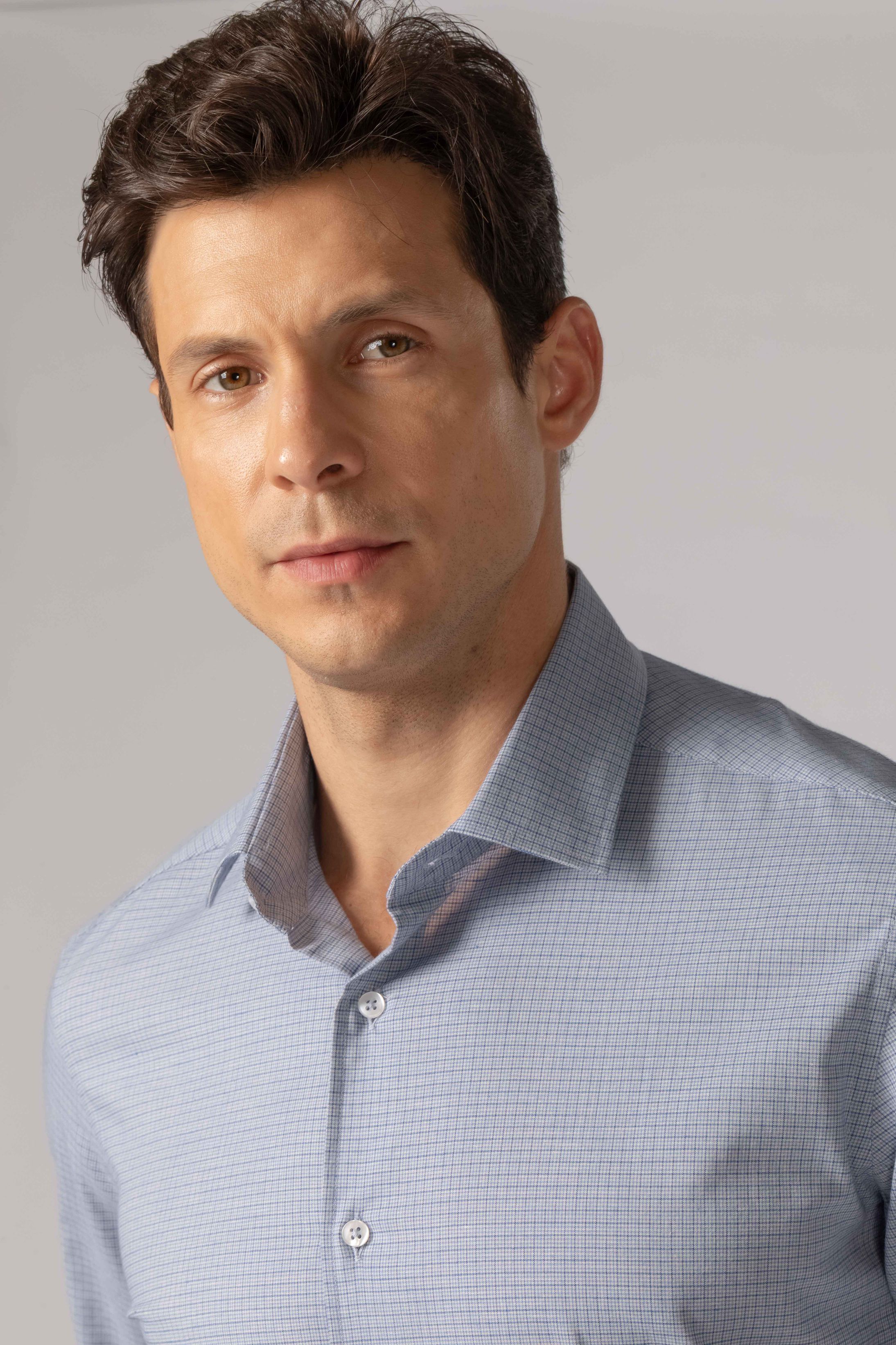 Camisa Manga Longa Regular Azul Quadriculado