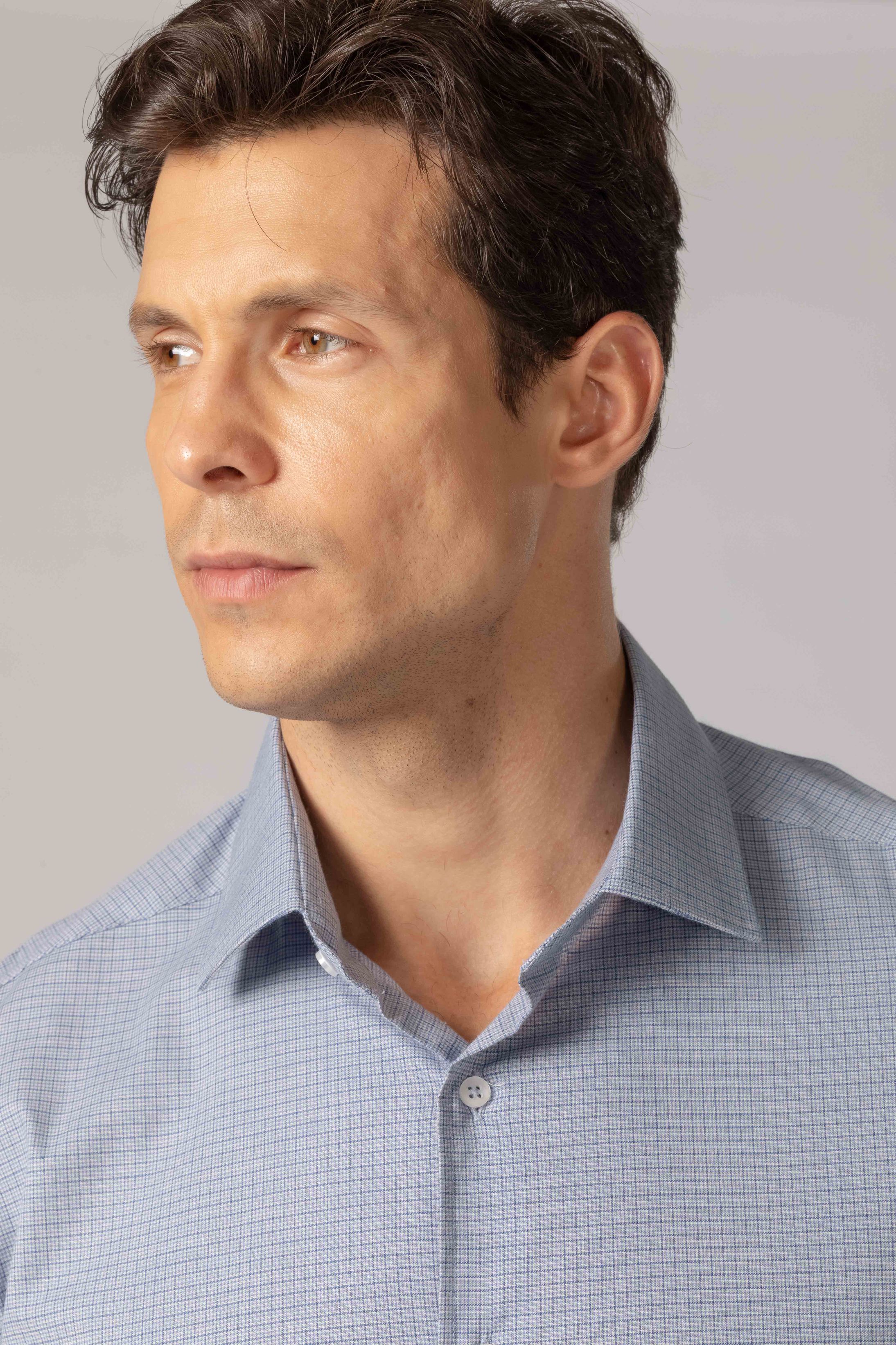 Camisa Manga Longa Regular Azul Quadriculado