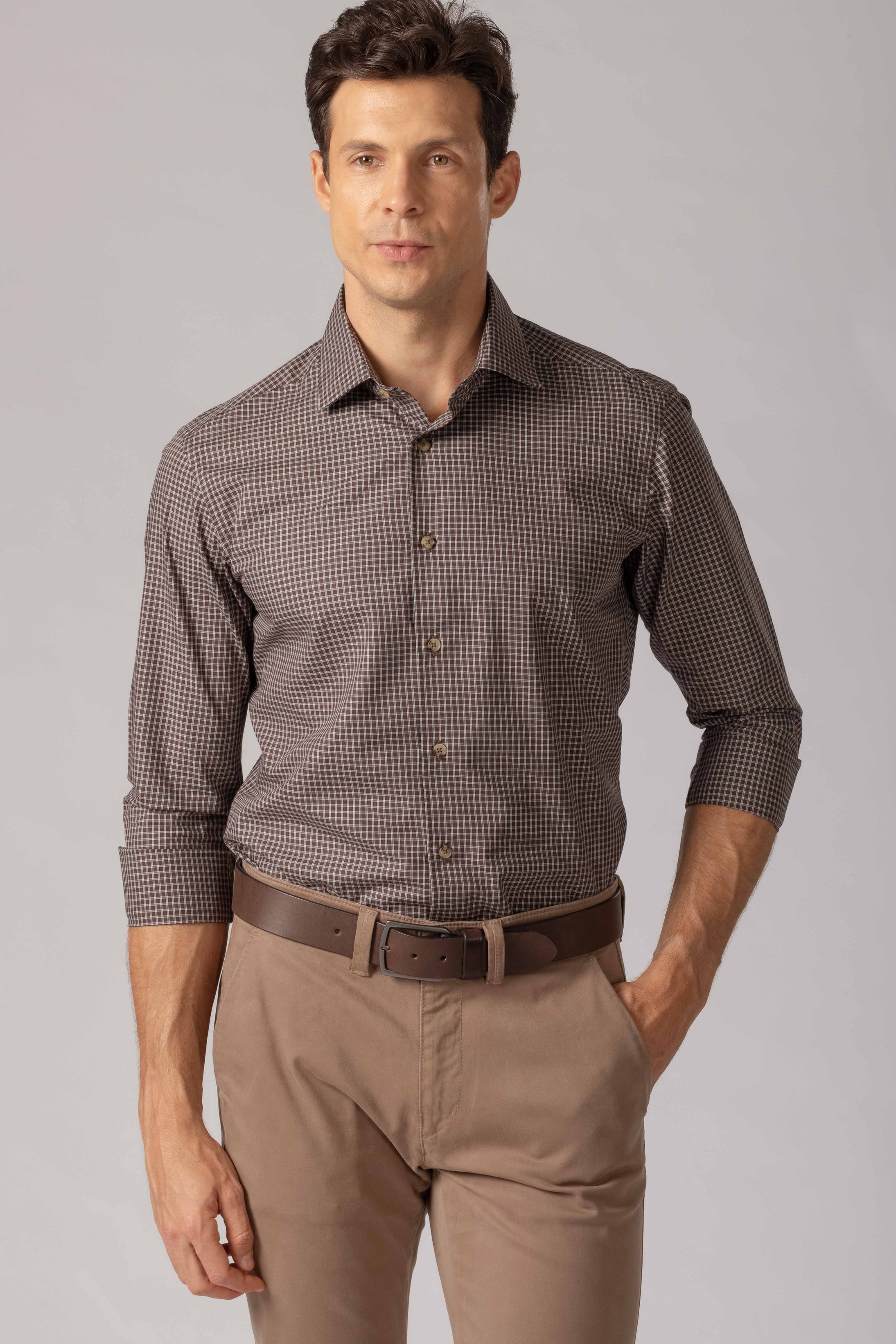 Camisa Manga Longa Slim fit Quadriculado Marrom - Diodato Alfaiataria