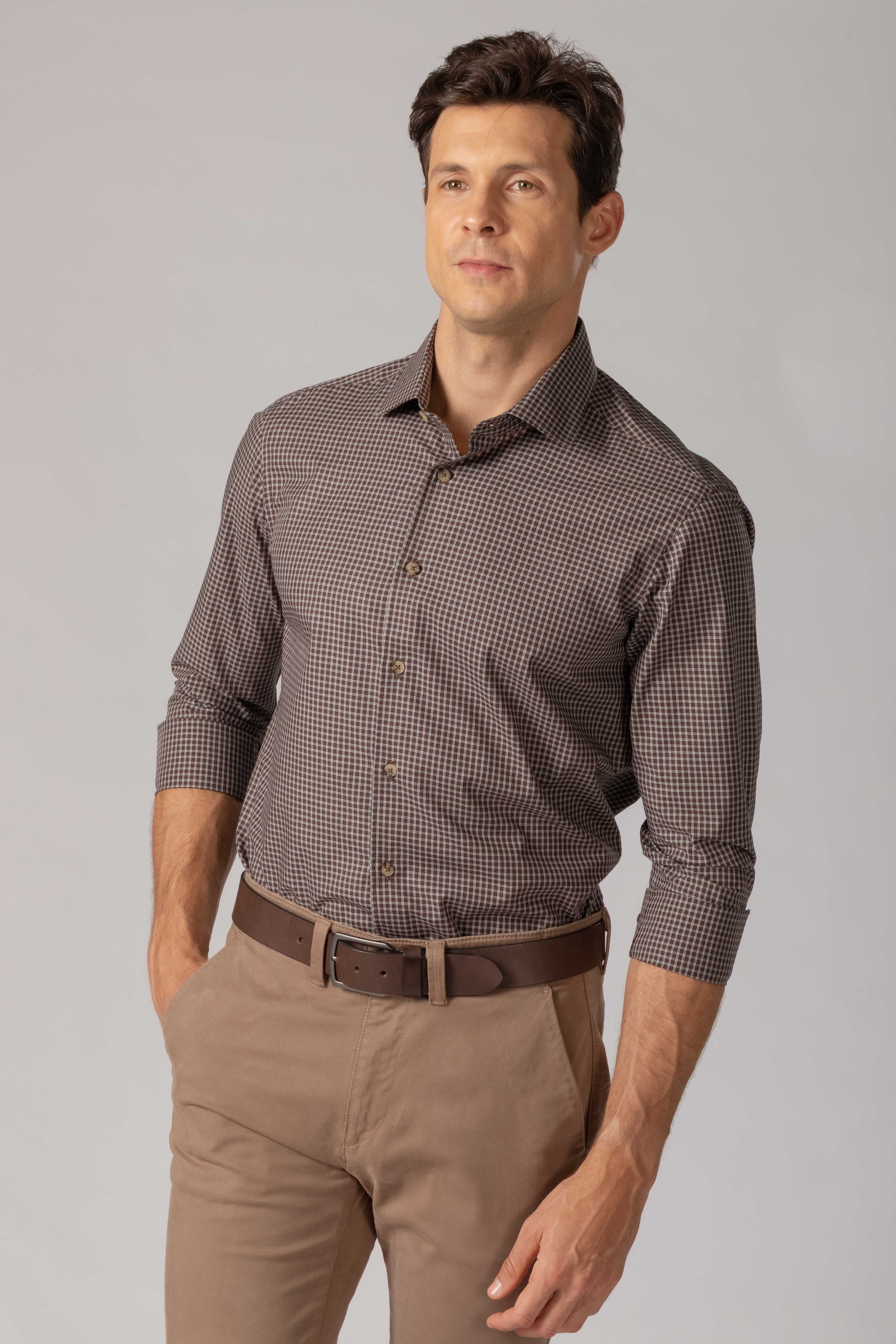 Camisa Manga Longa Slim fit Quadriculado Marrom