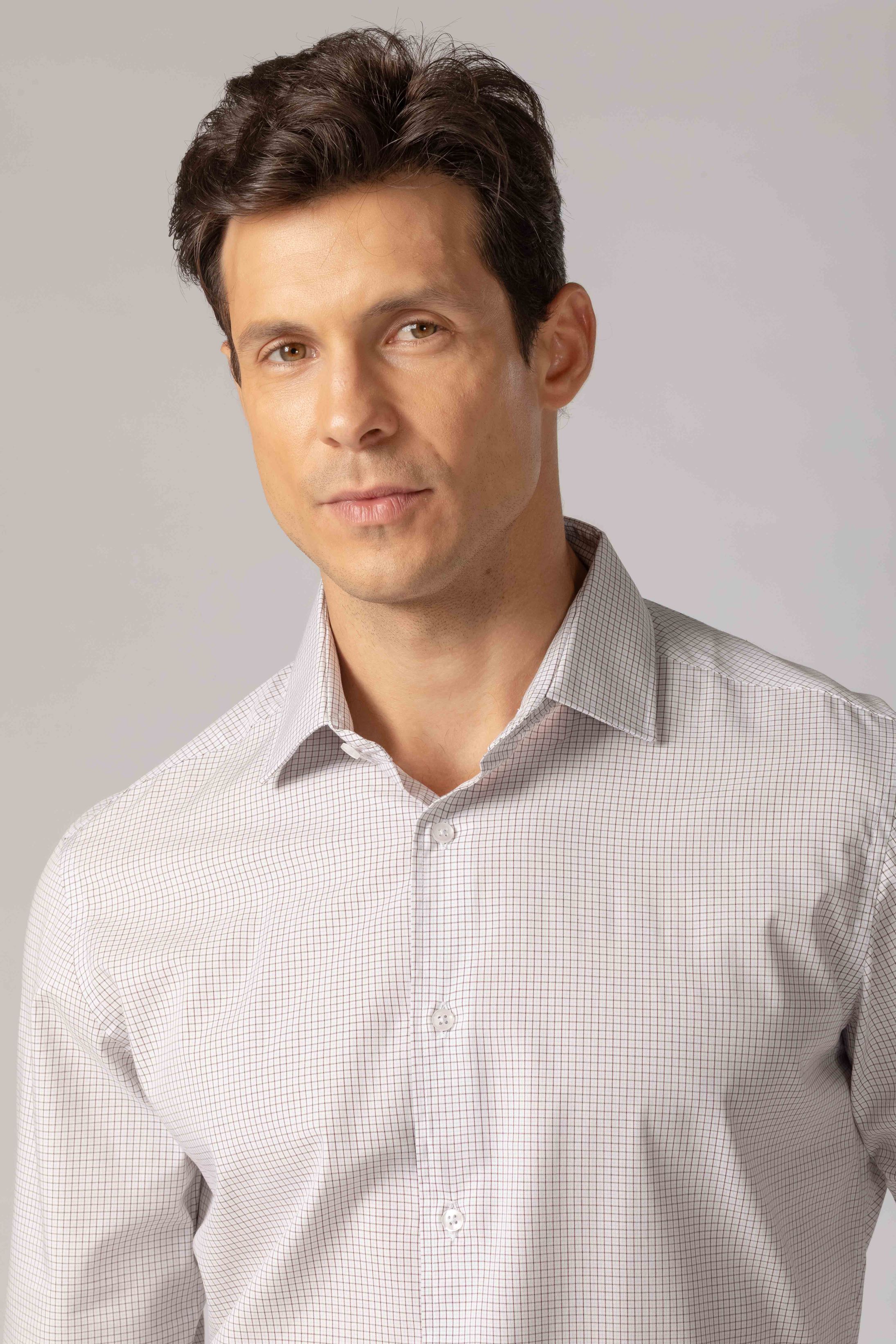 Camisa Manga Longa Slim fit Branco Quadriculado Marrom