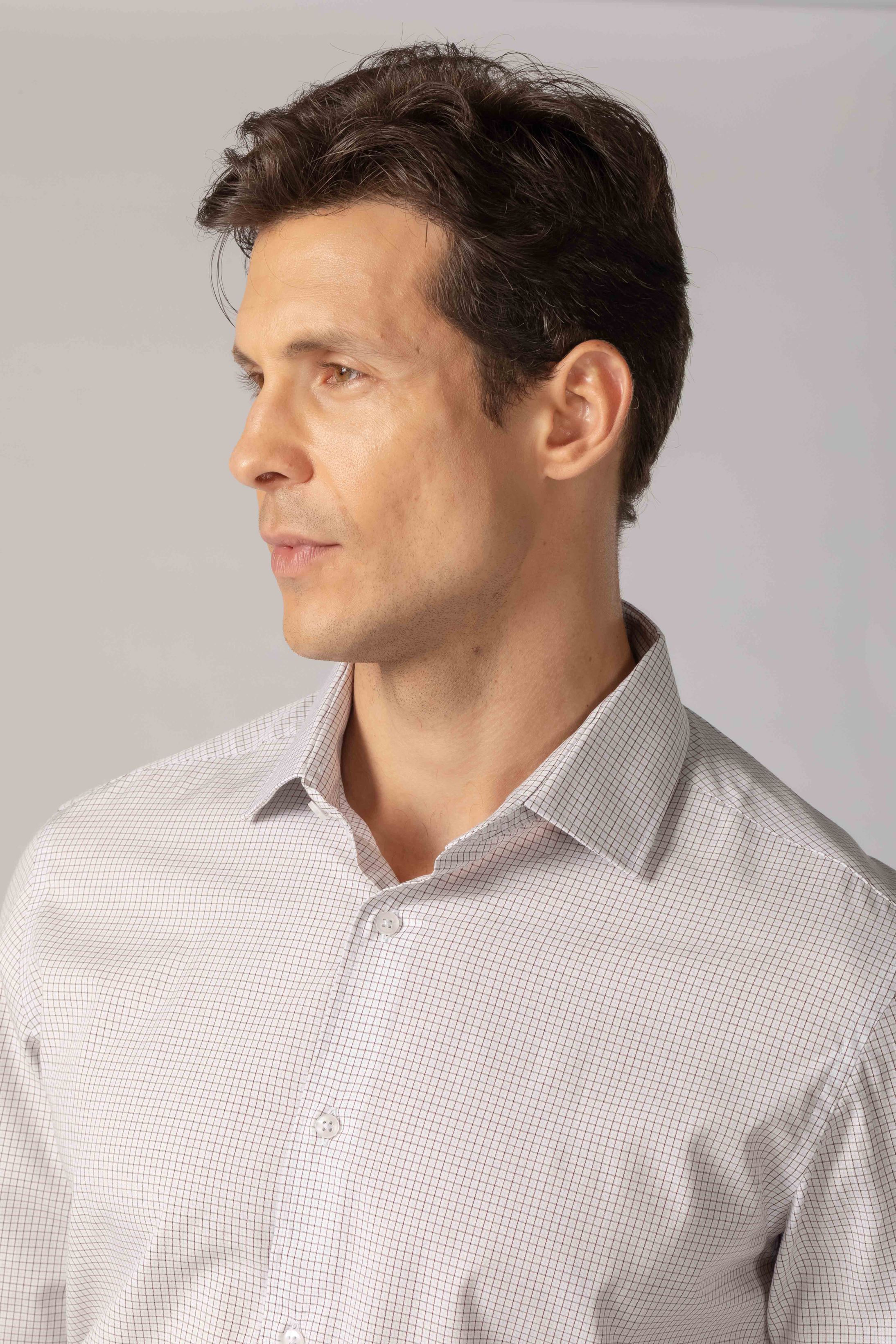 Camisa Manga Longa Regular Branco Quadriculado Marrom