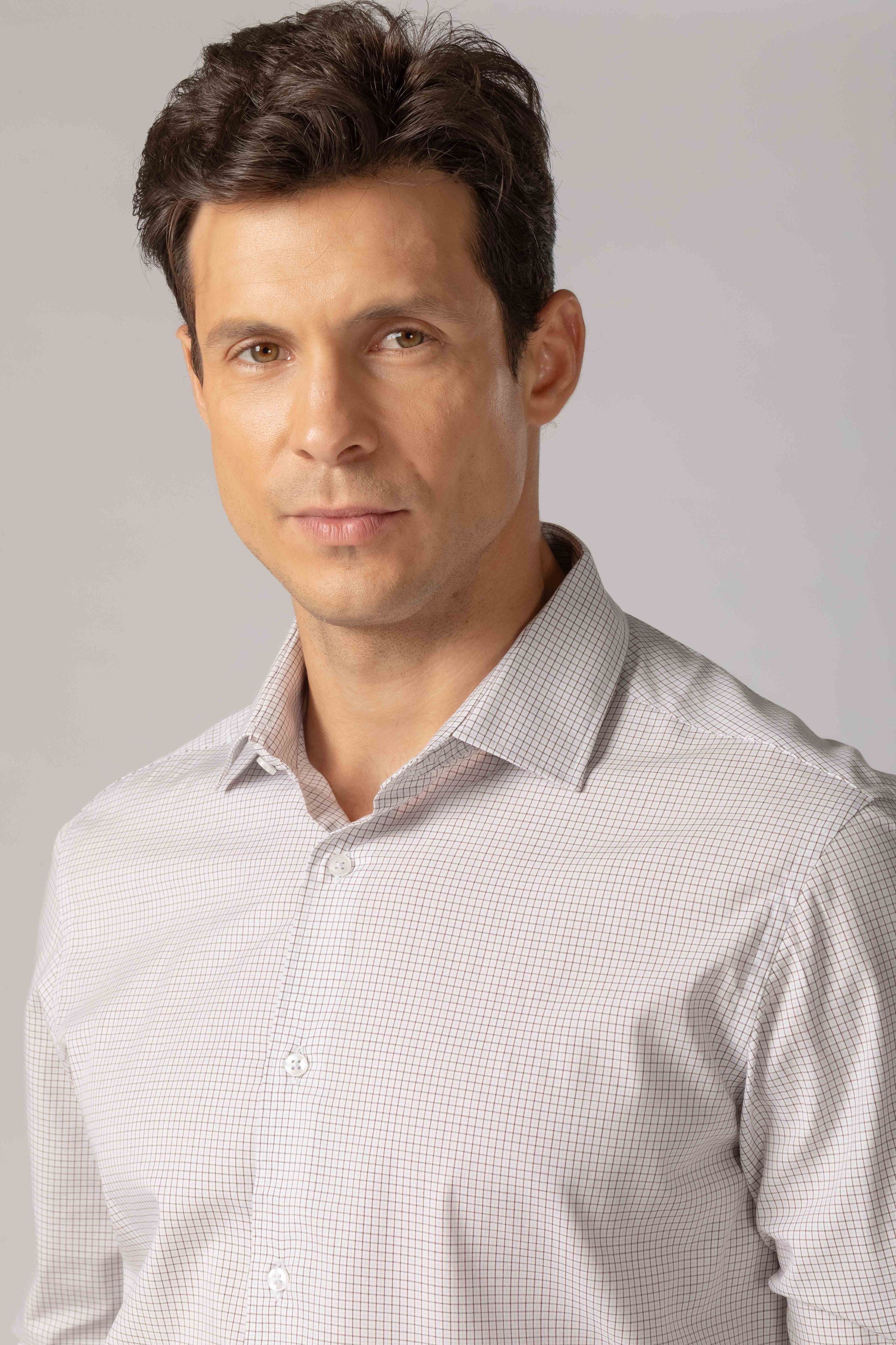 Camisa Manga Longa Regular Branco Quadriculado Marrom