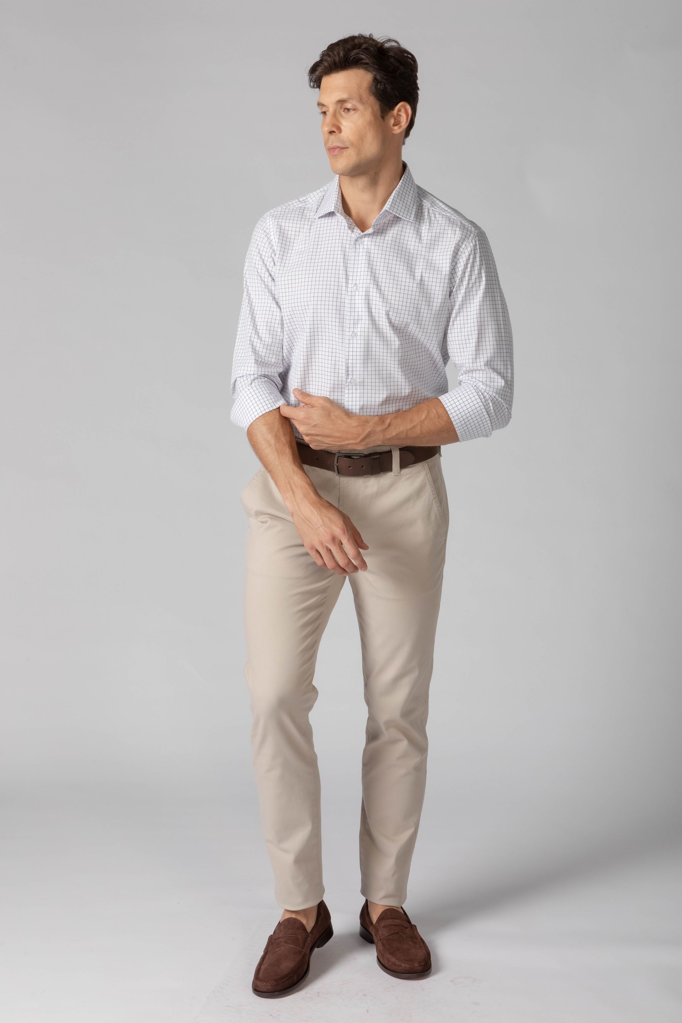 Camisa Manga Longa Slim fit Branco Quadriculado Marinho