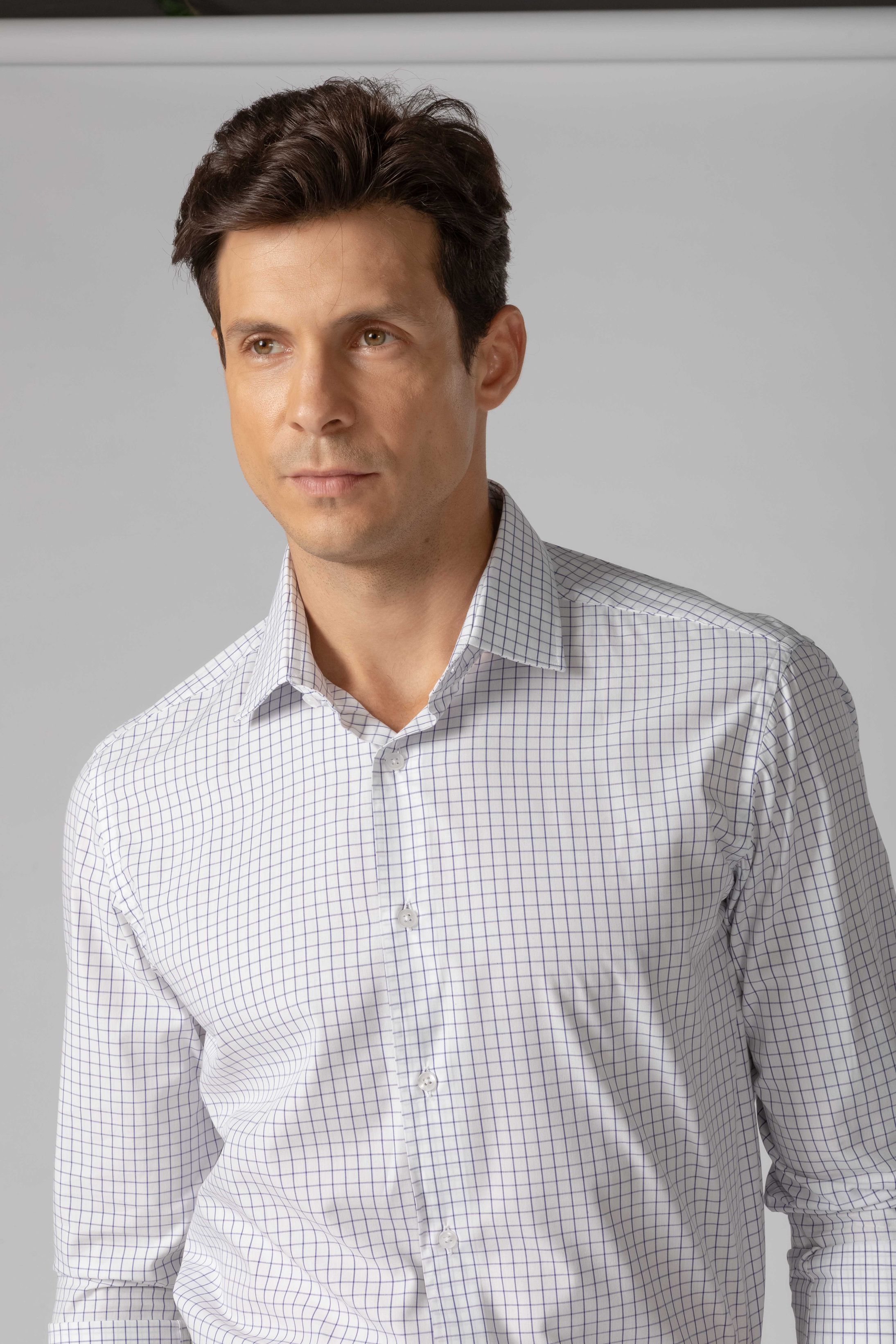 Camisa Manga Longa Slim fit Branco Quadriculado Marinho