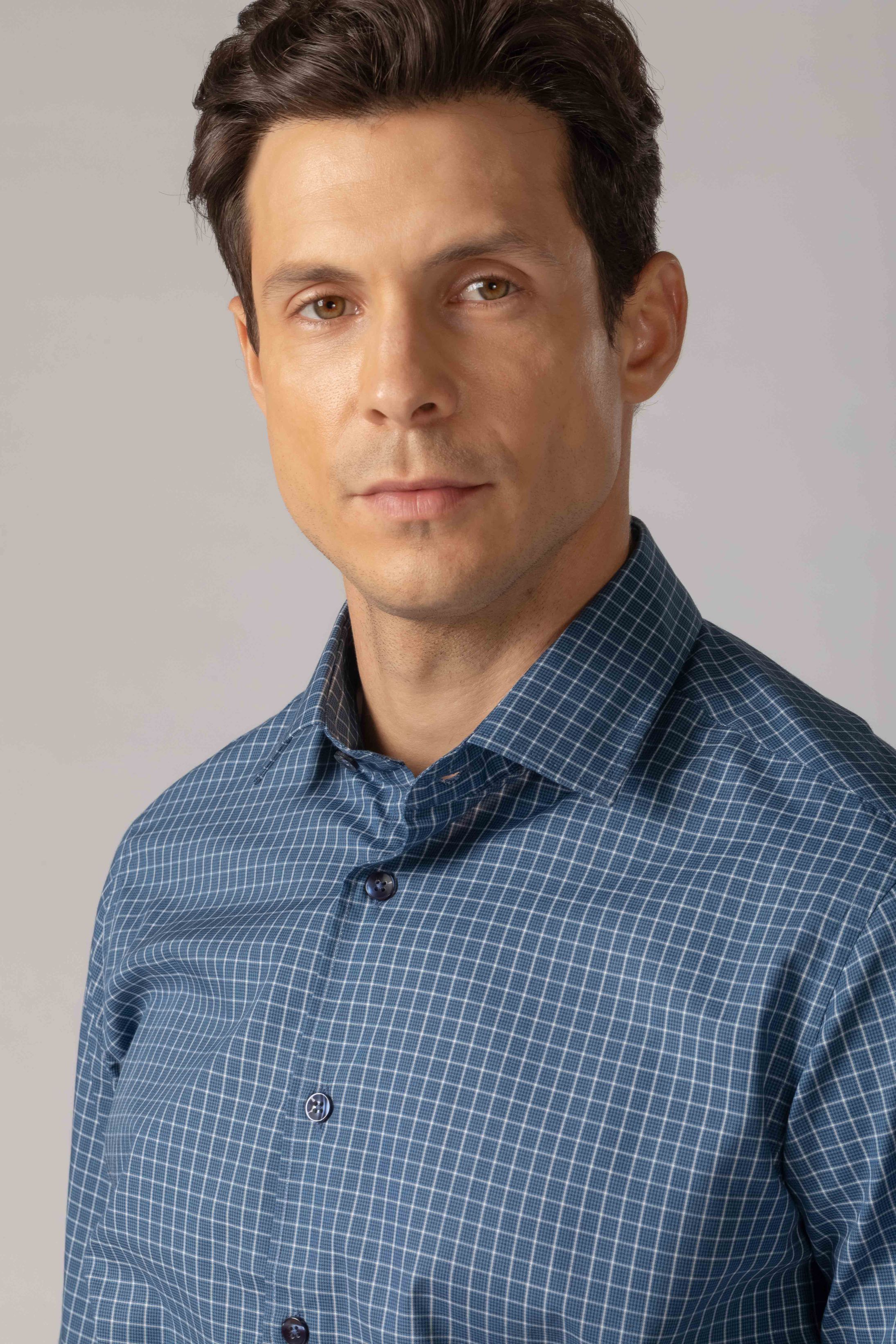 Camisa Manga Longa Slim fit Quadriculdo Marinho
