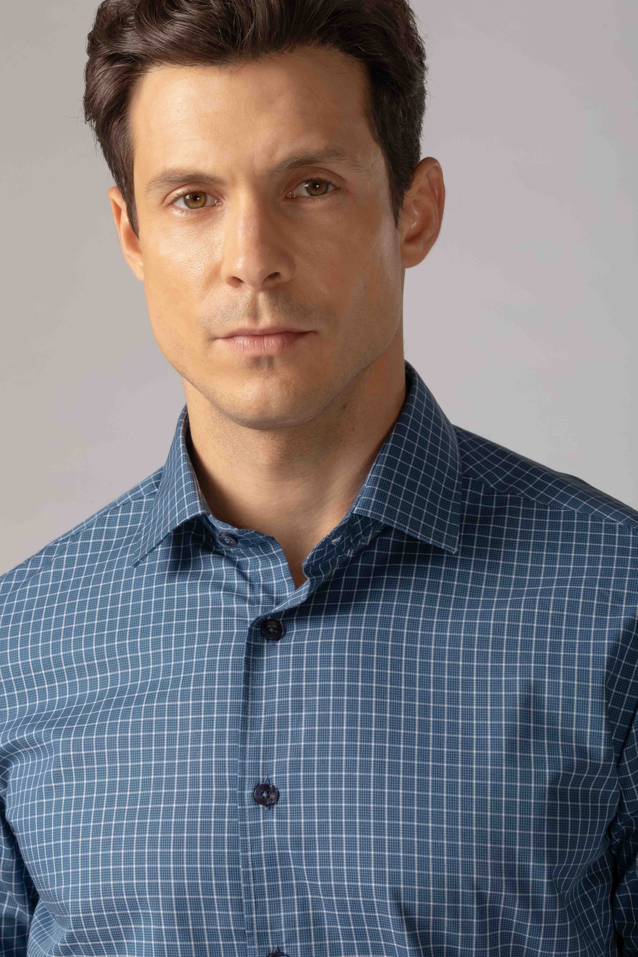 Camisa Manga Longa Slim fit Quadriculdo Marinho