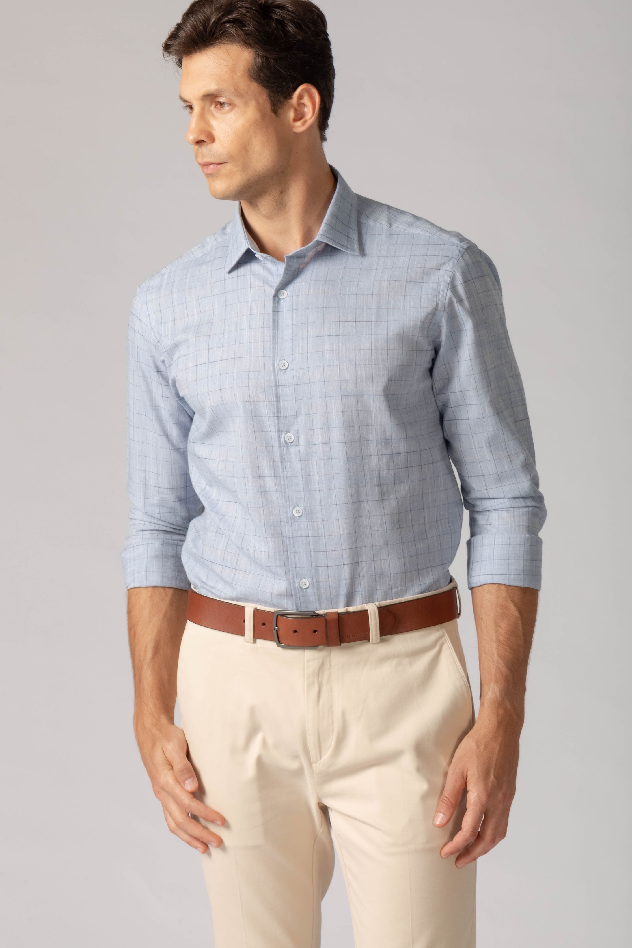 Camisa Manga Longa Regular Quadriculado Azul Claro - Diodato Alfaiataria