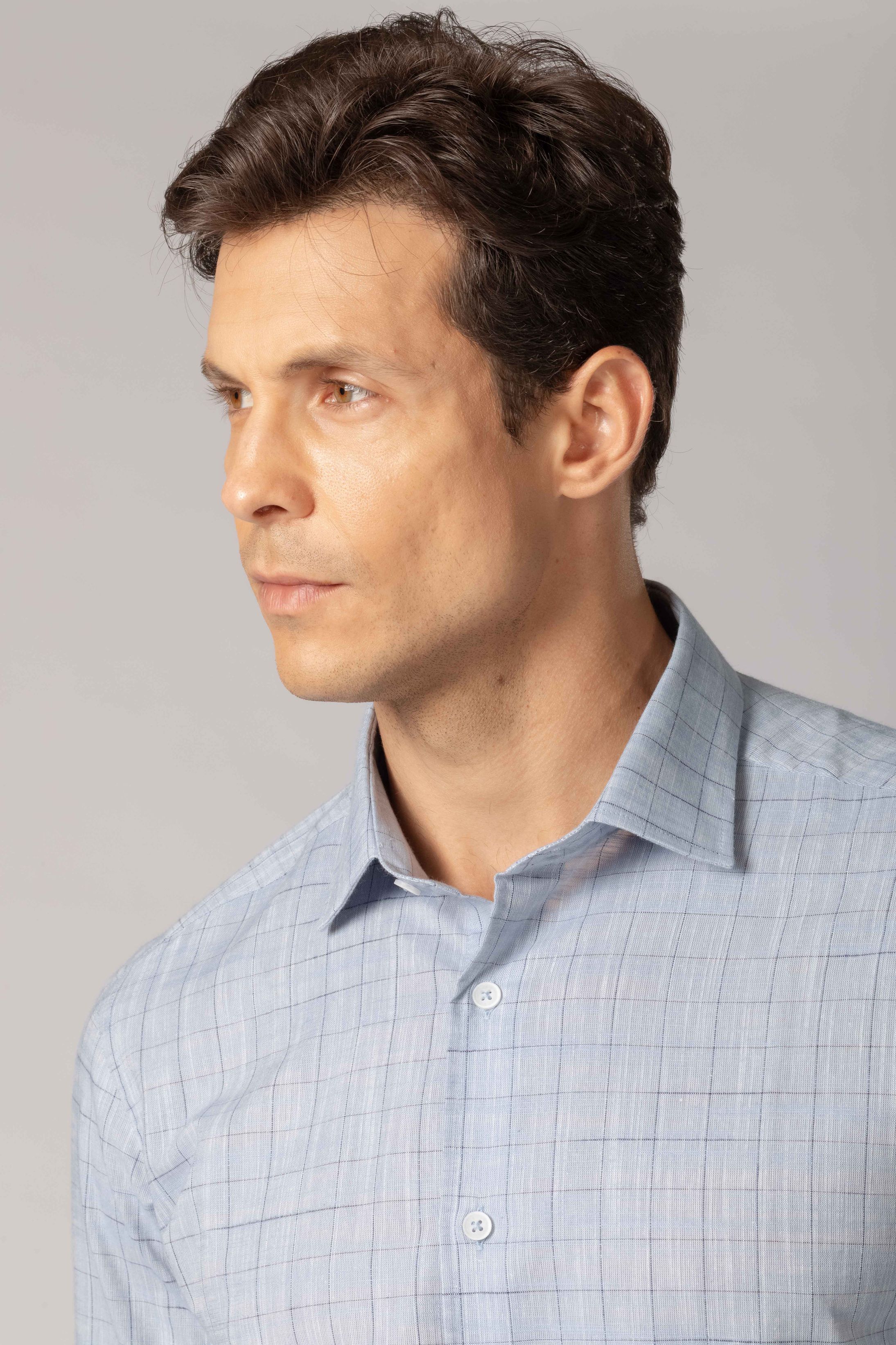 Camisa Manga Longa Regular Quadriculado Azul Claro