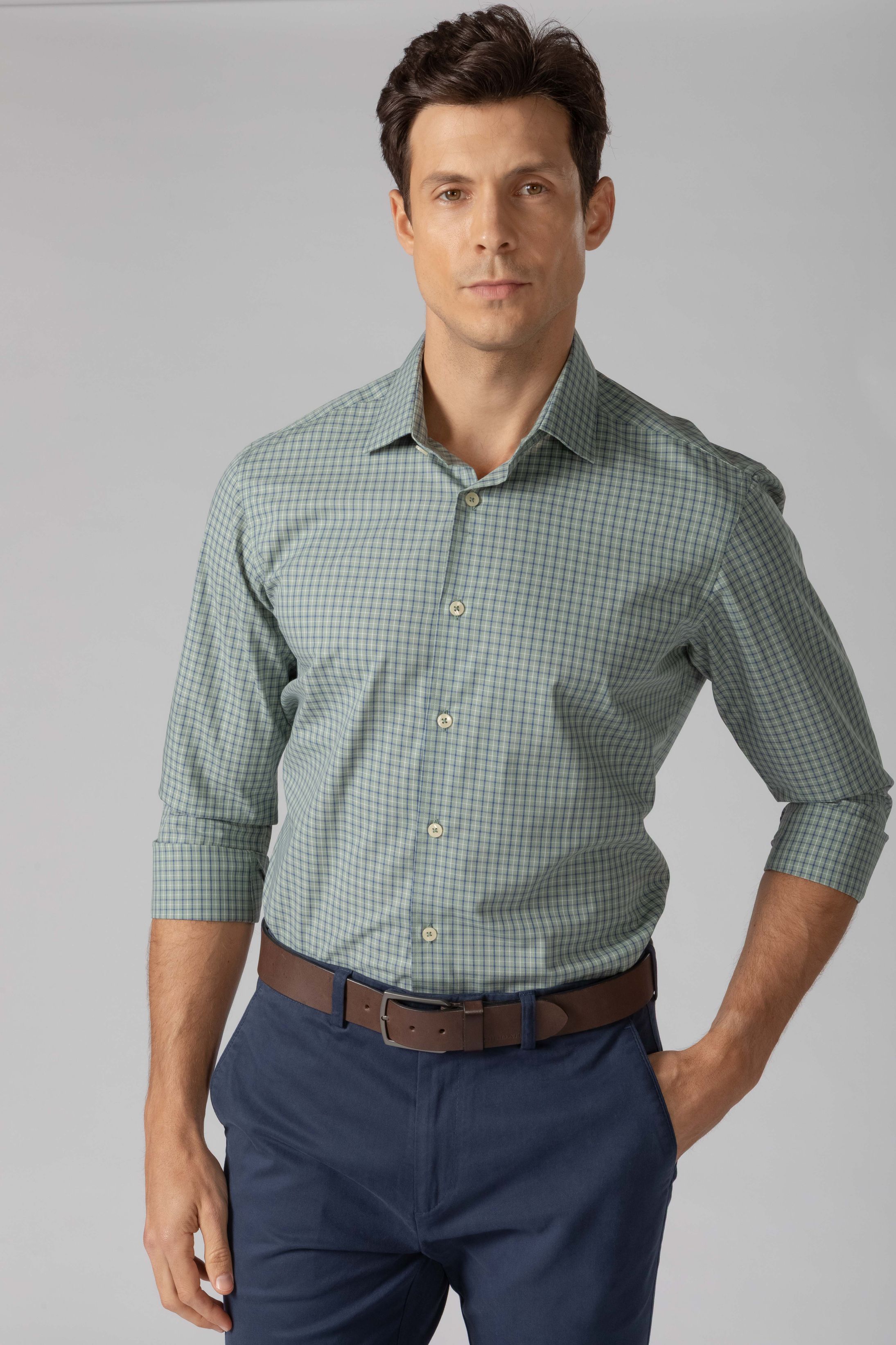 Camisa Manga Longa Regular Verde Quadriculado Azul - Diodato Alfaiataria