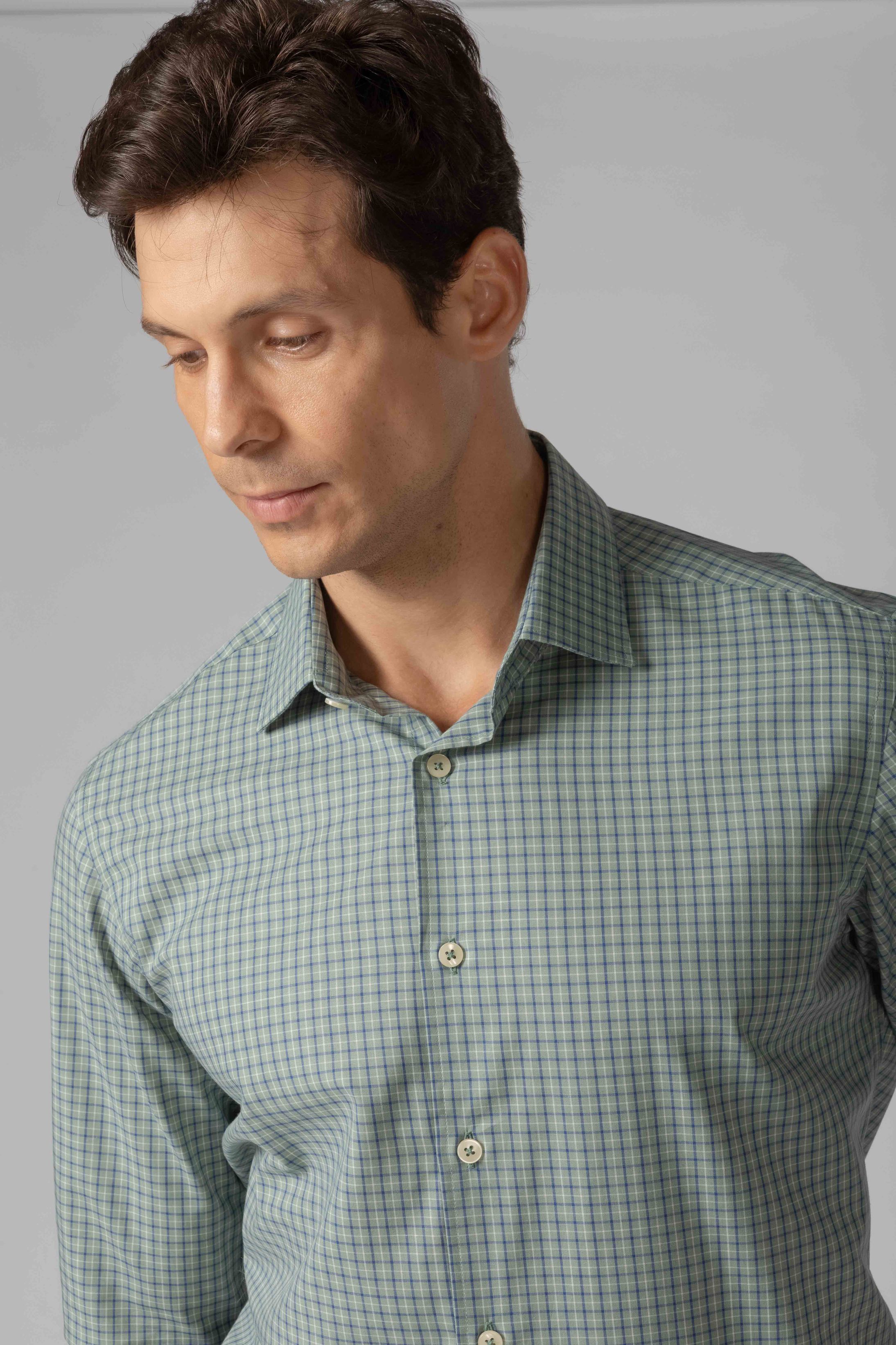 Camisa Manga Longa Slim fit Verde Quadriculado Azul