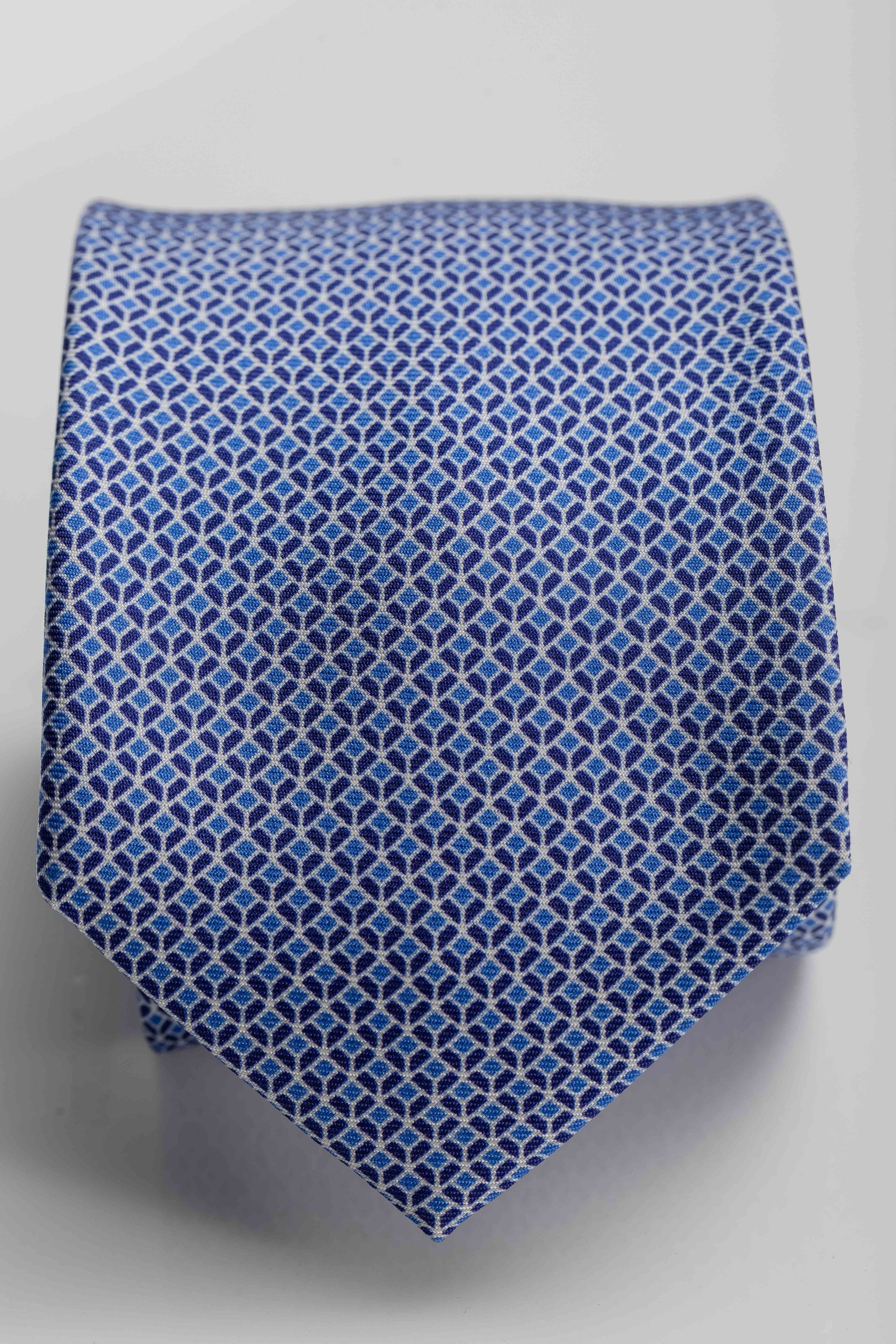 Gravata Seda Italiana Azul micro desenho branco - Diodato Alfaiataria