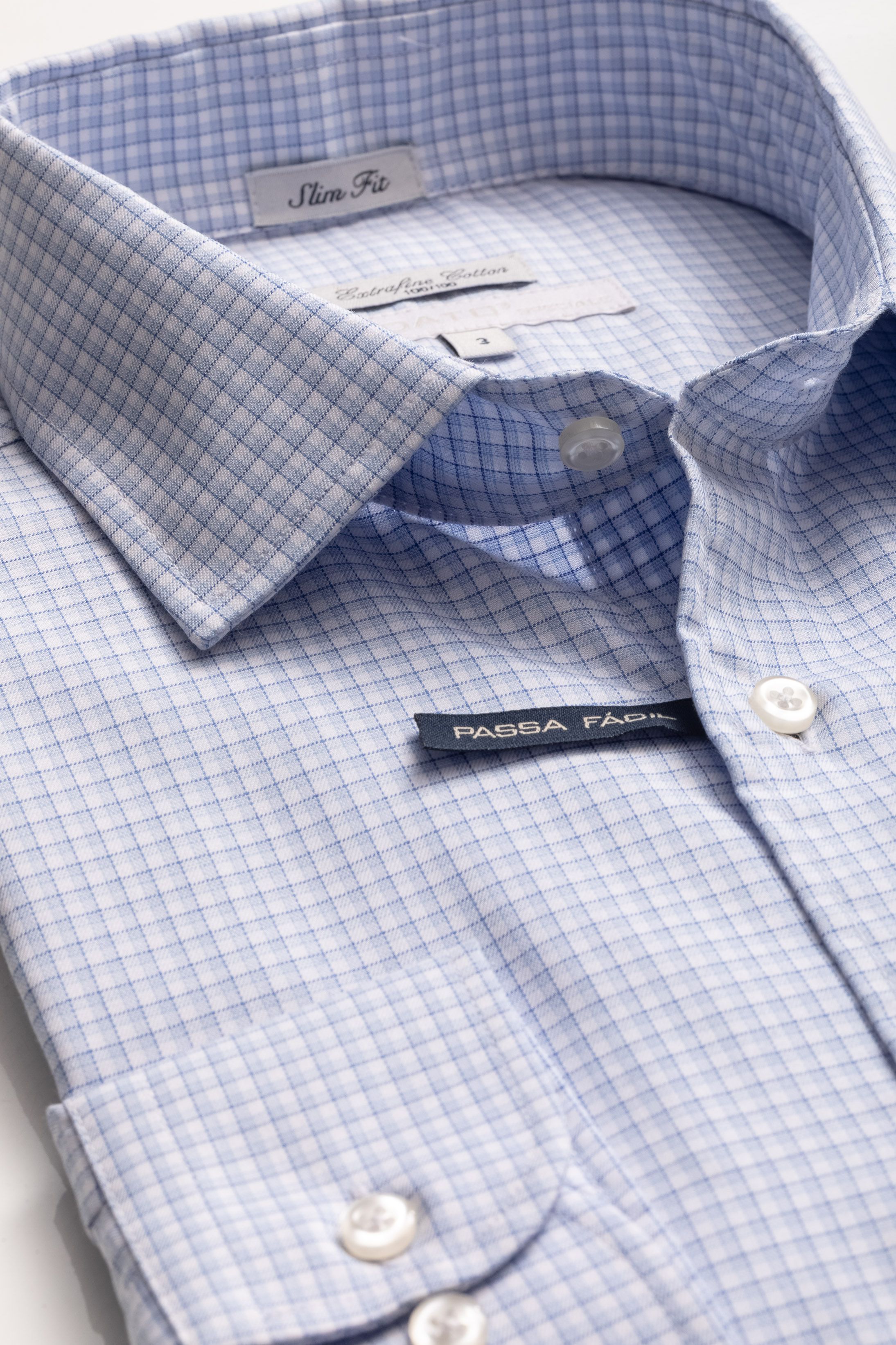 Camisa Manga Longa Slim fit Branco quadriculado azul