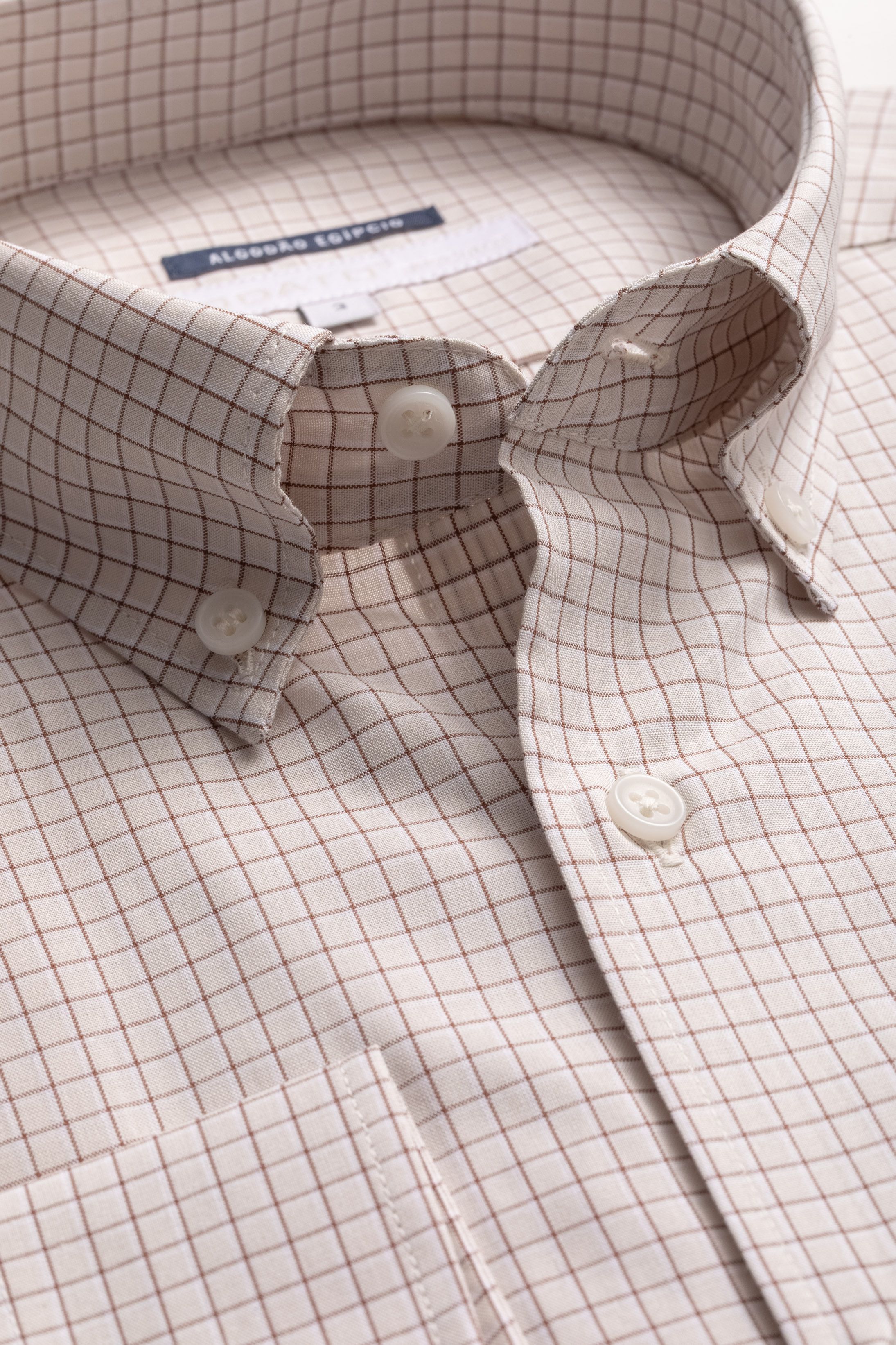 Camisa Manga Longa Regular Bege quadriculado Marrom