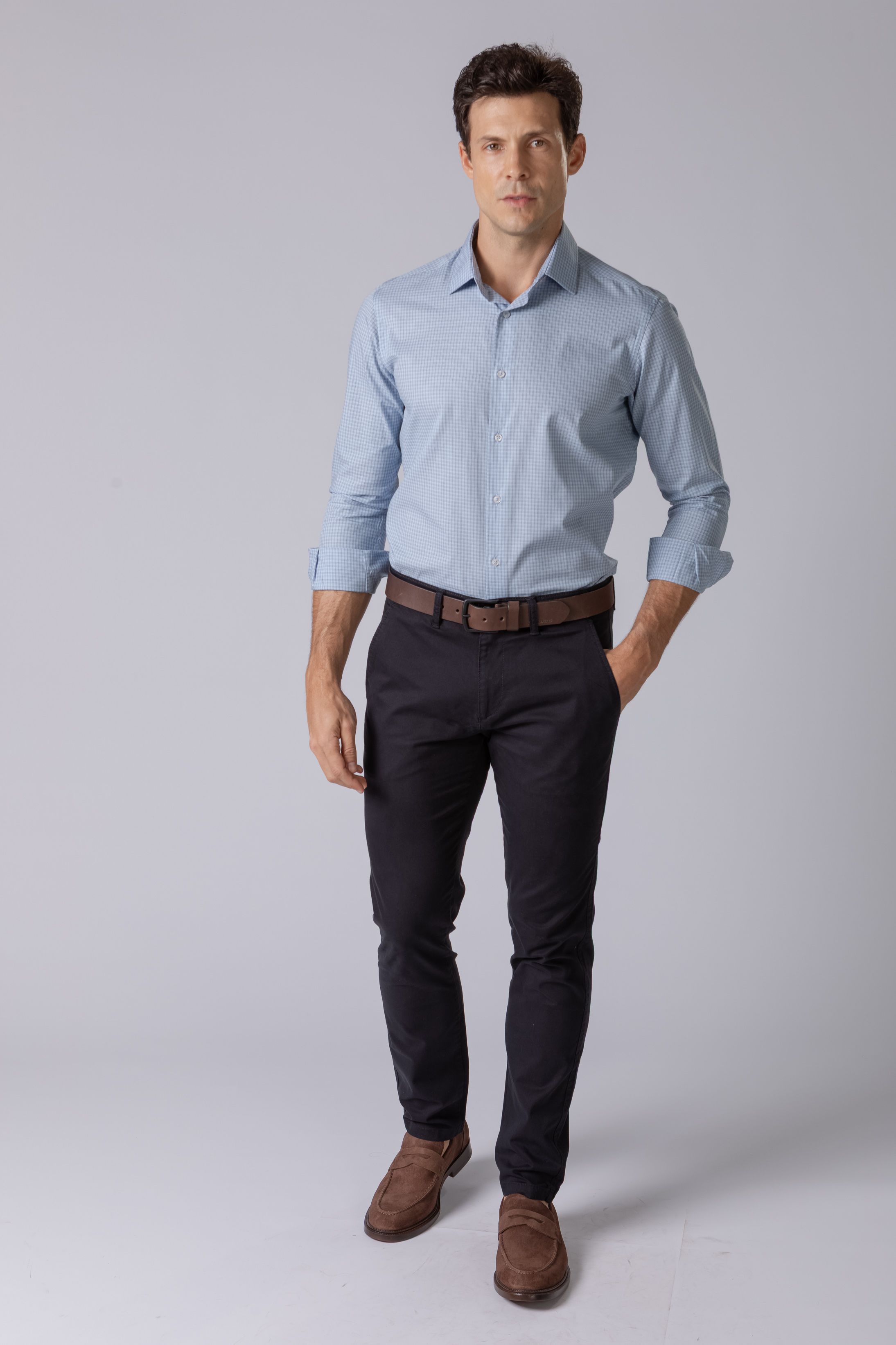 Camisa Manga Longa Slim fit Quadriculdo Azul