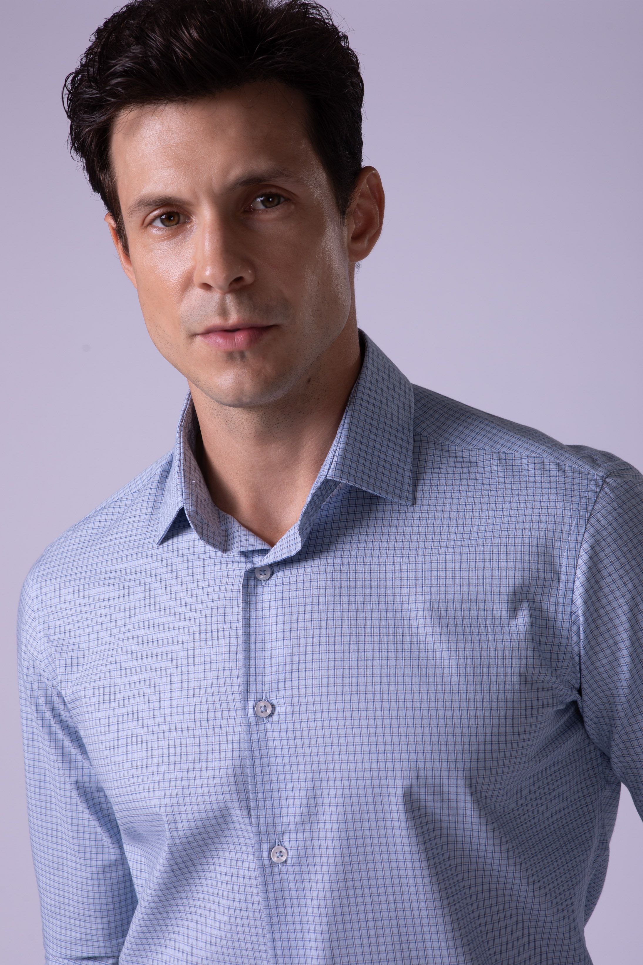 Camisa Manga Longa Slim fit Quadriculdo Azul - Diodato Alfaiataria