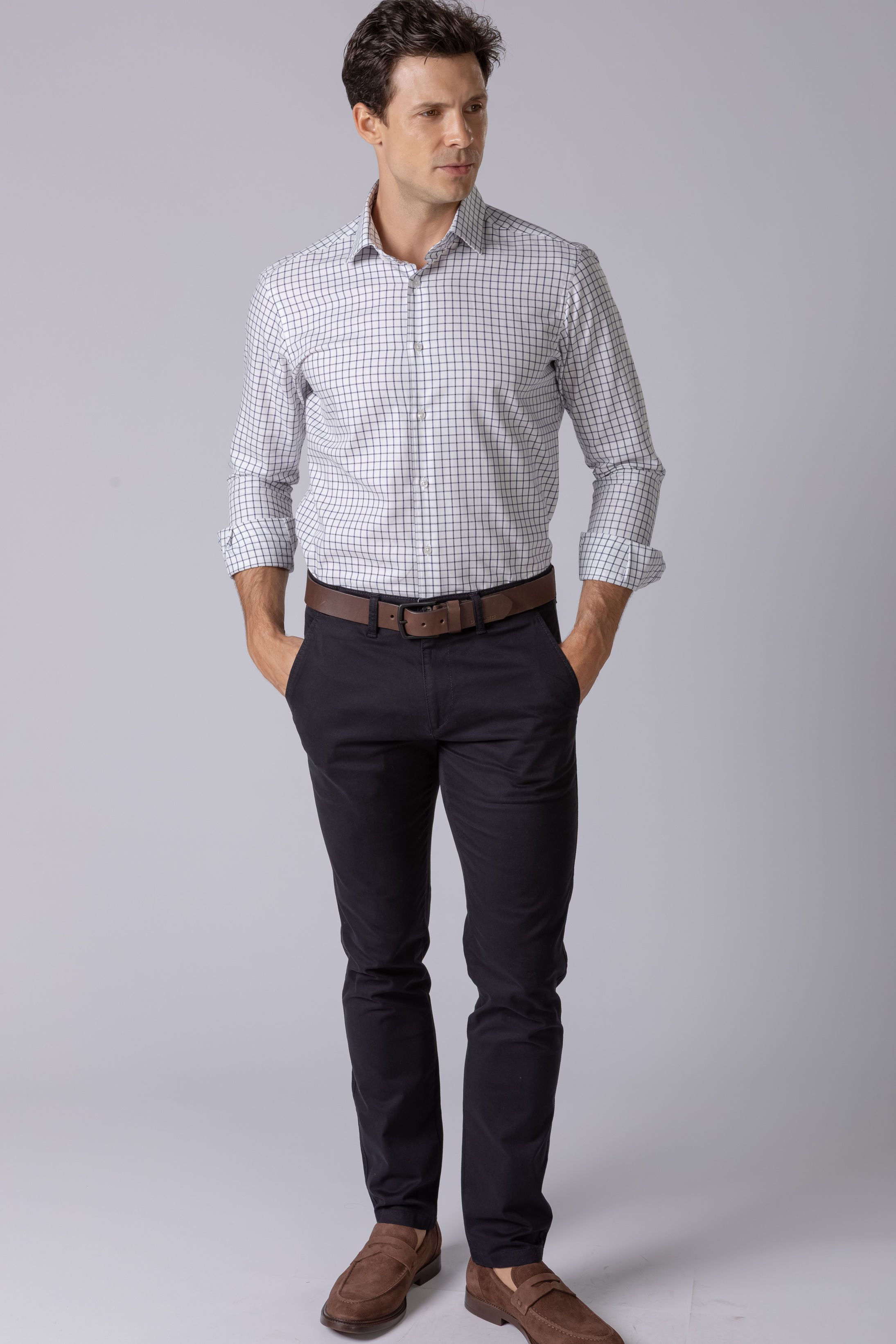 Camisa Manga Longa Regular Branco Quadriculado Marinho