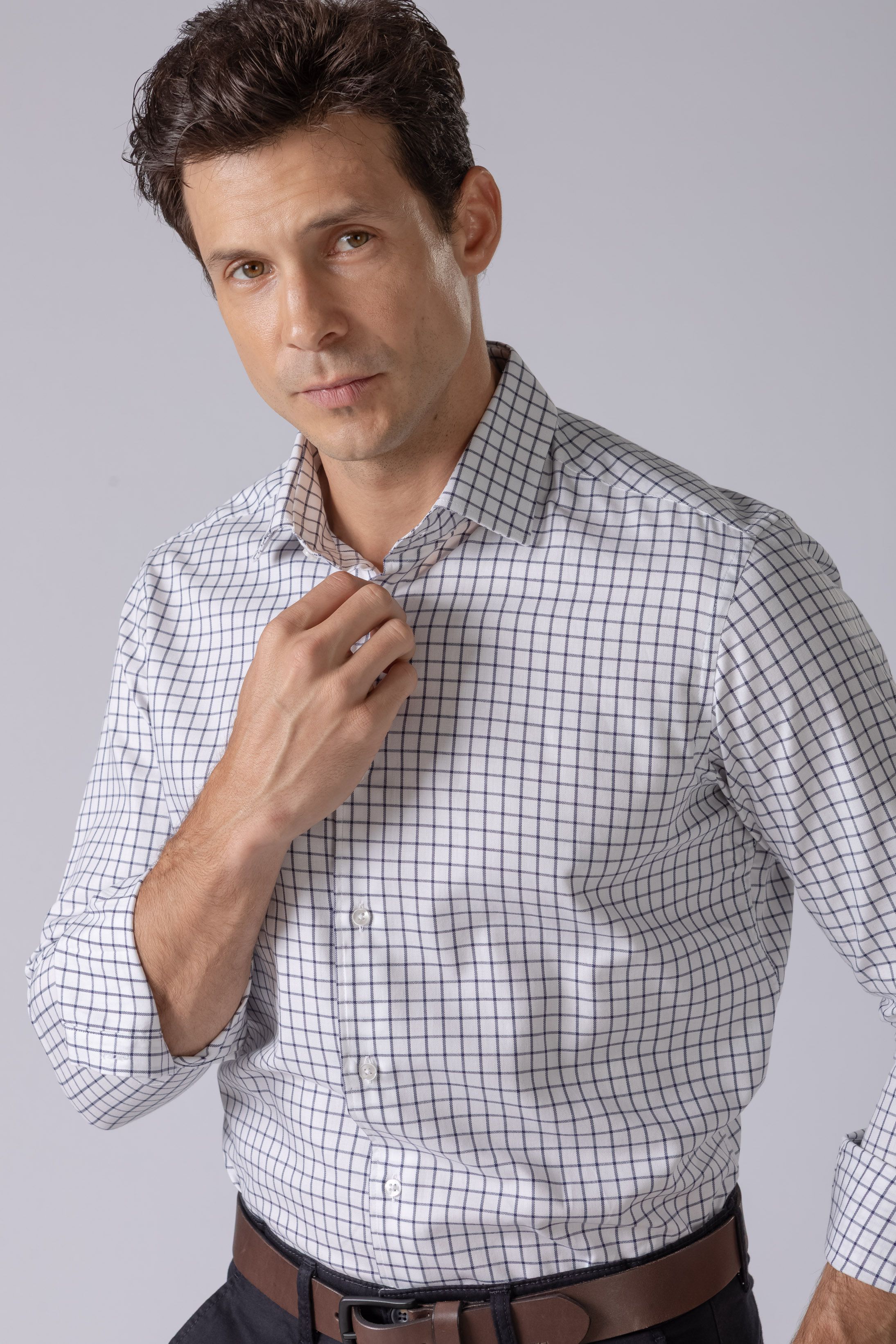 Camisa Manga Longa Regular Branco Quadriculado Mar... - Diodato Alfaiataria