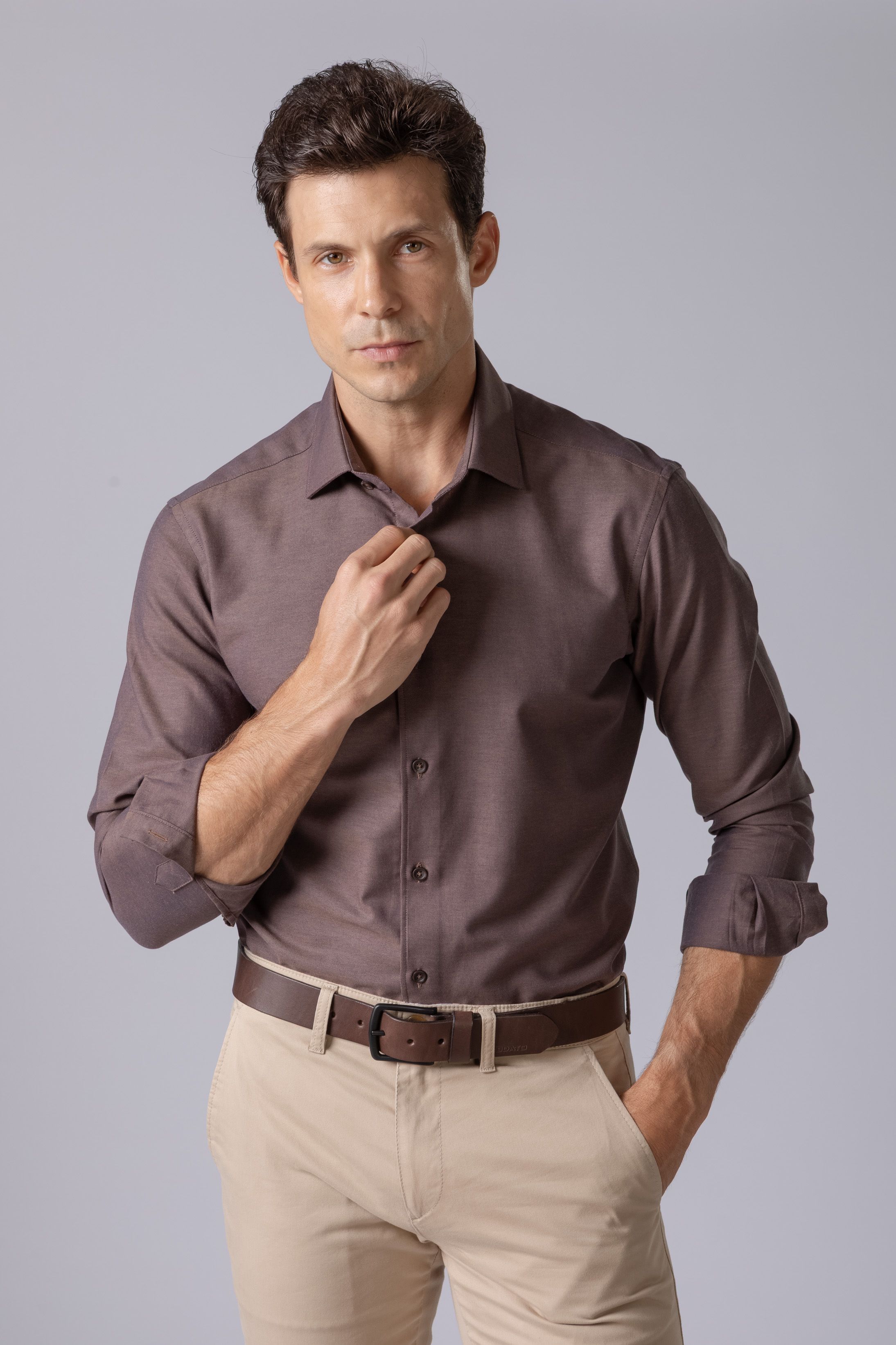 Camisa Manga Longa Slim fit Marrom - Diodato Alfaiataria