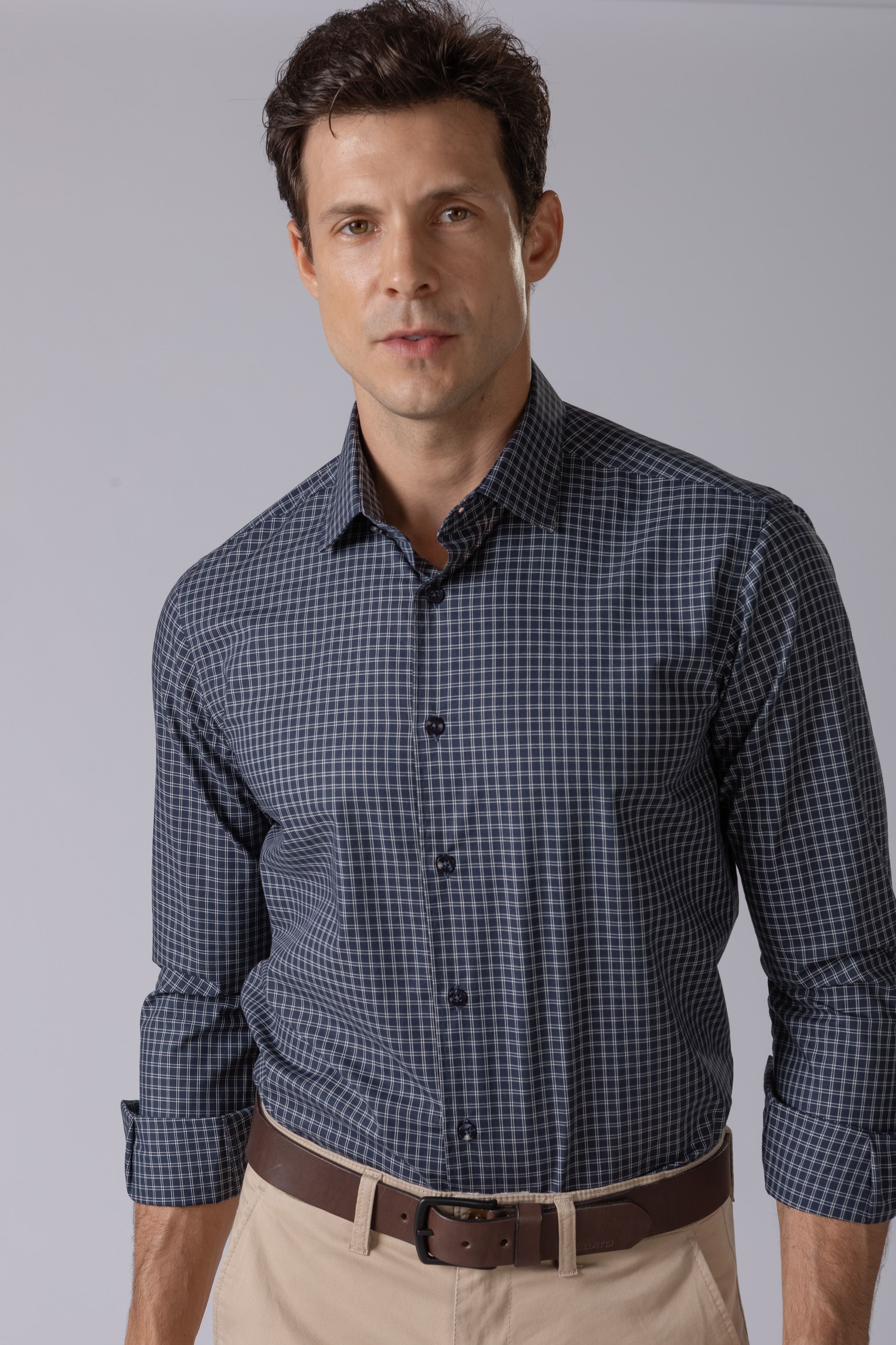 Camisa Manga Longa Slim fit Quadriculado Marinho - Diodato Alfaiataria