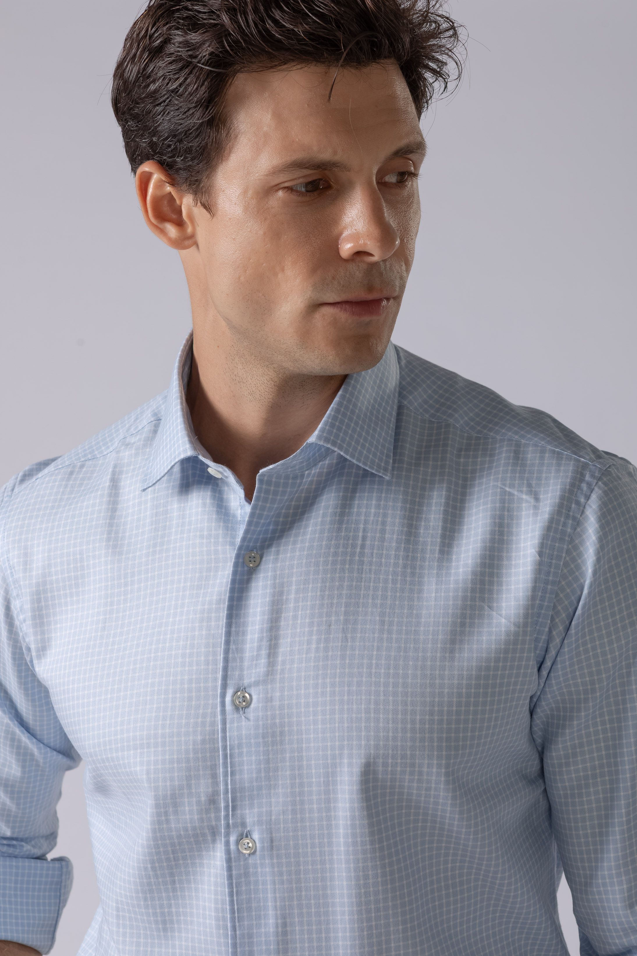 Camisa Manga Longa Slim fit Pima Cotton Azul Quadriculado