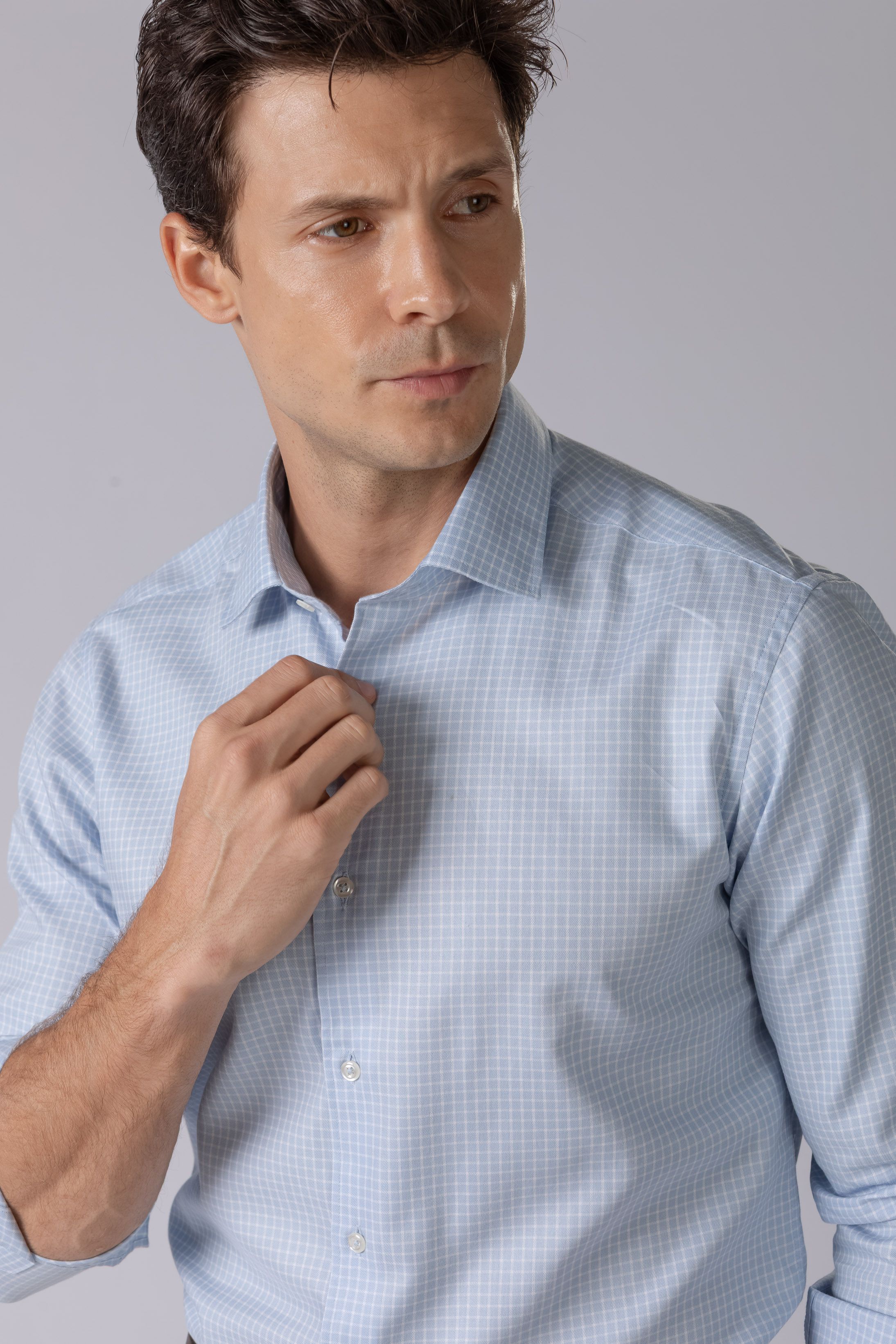 Camisa Manga Longa Slim fit Pima Cotton Azul Quadriculado