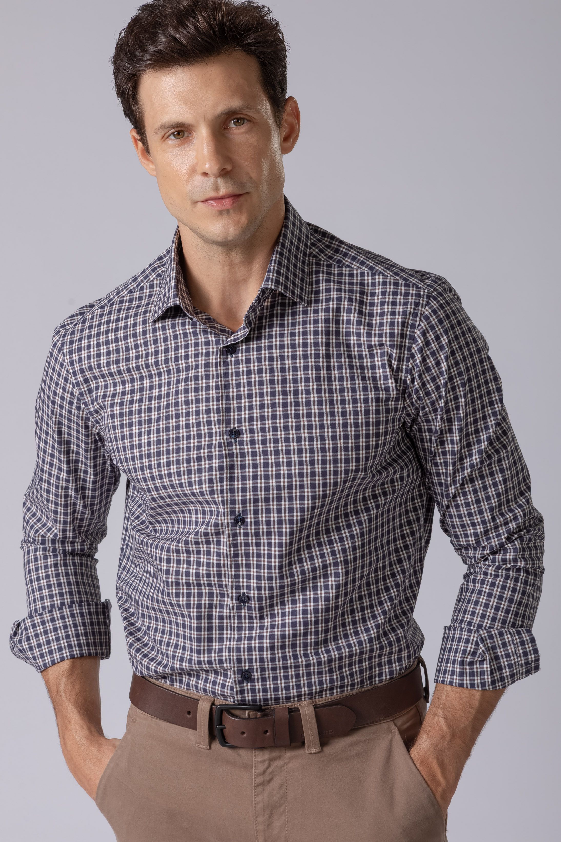 Camisa Manga Longa Regular Marinho Xadrez Marrom