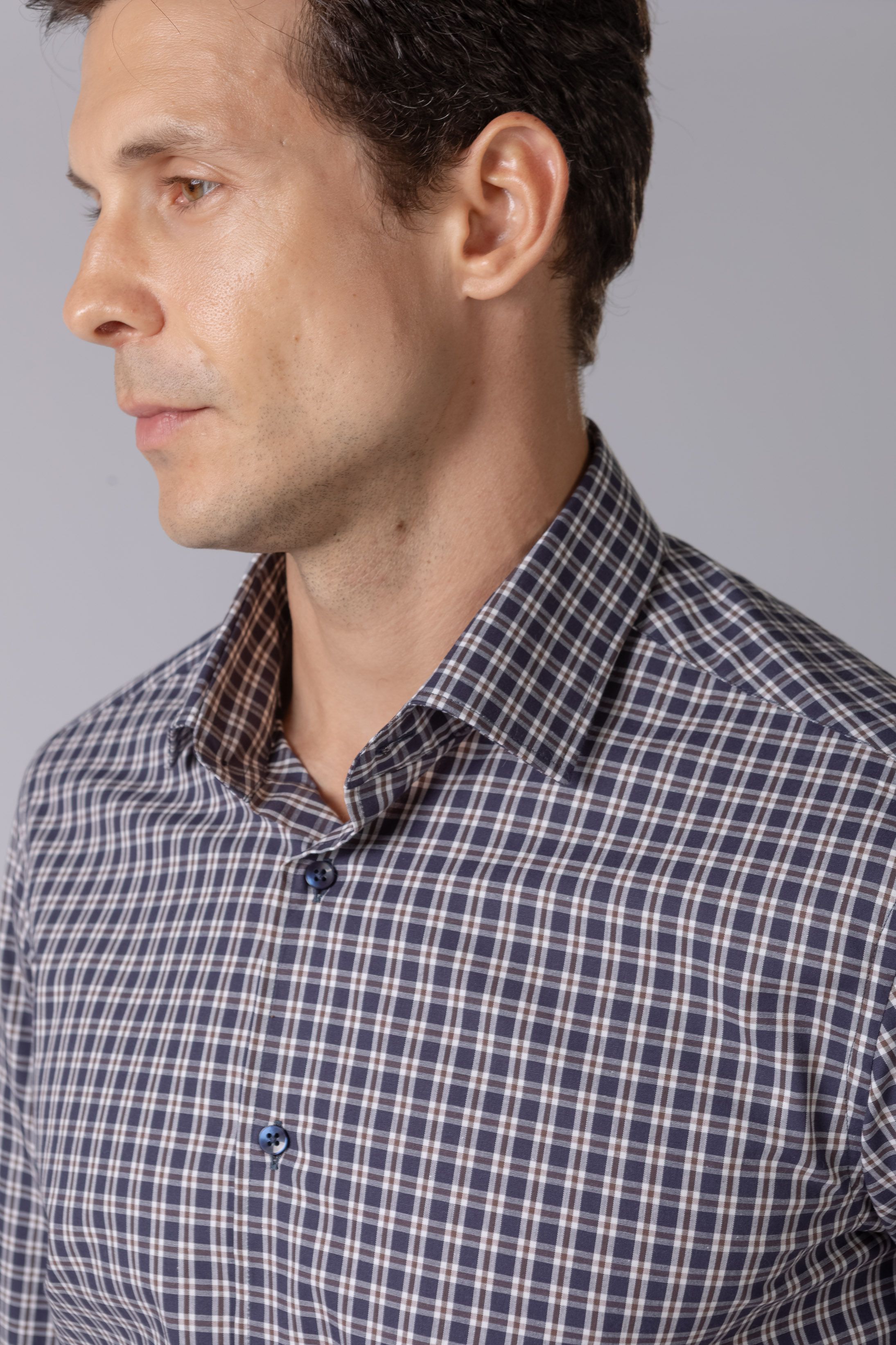 Camisa Manga Longa Regular Marinho Xadrez Marrom