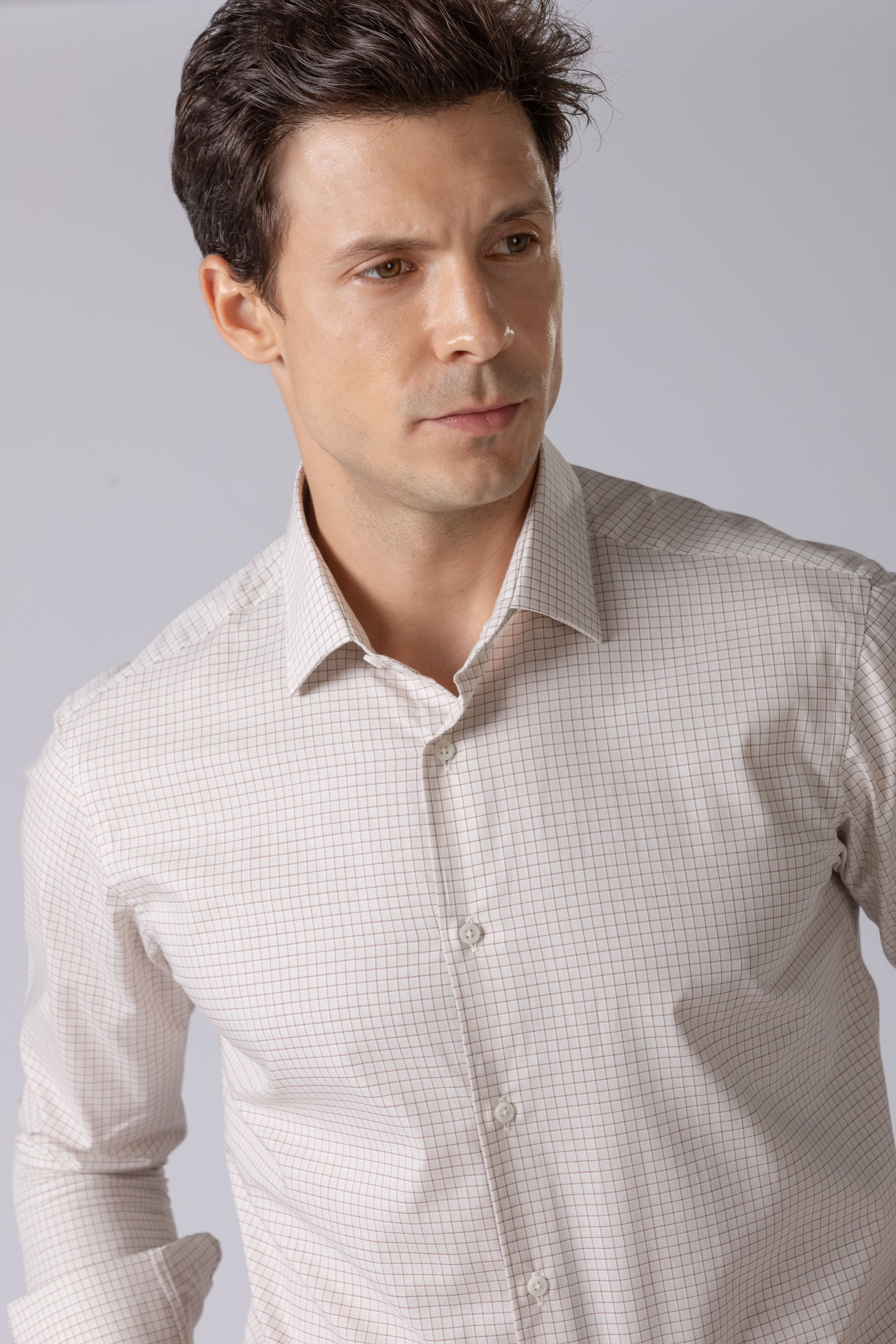 Camisa Manga Longa Regular Bege quadriculado Marrom