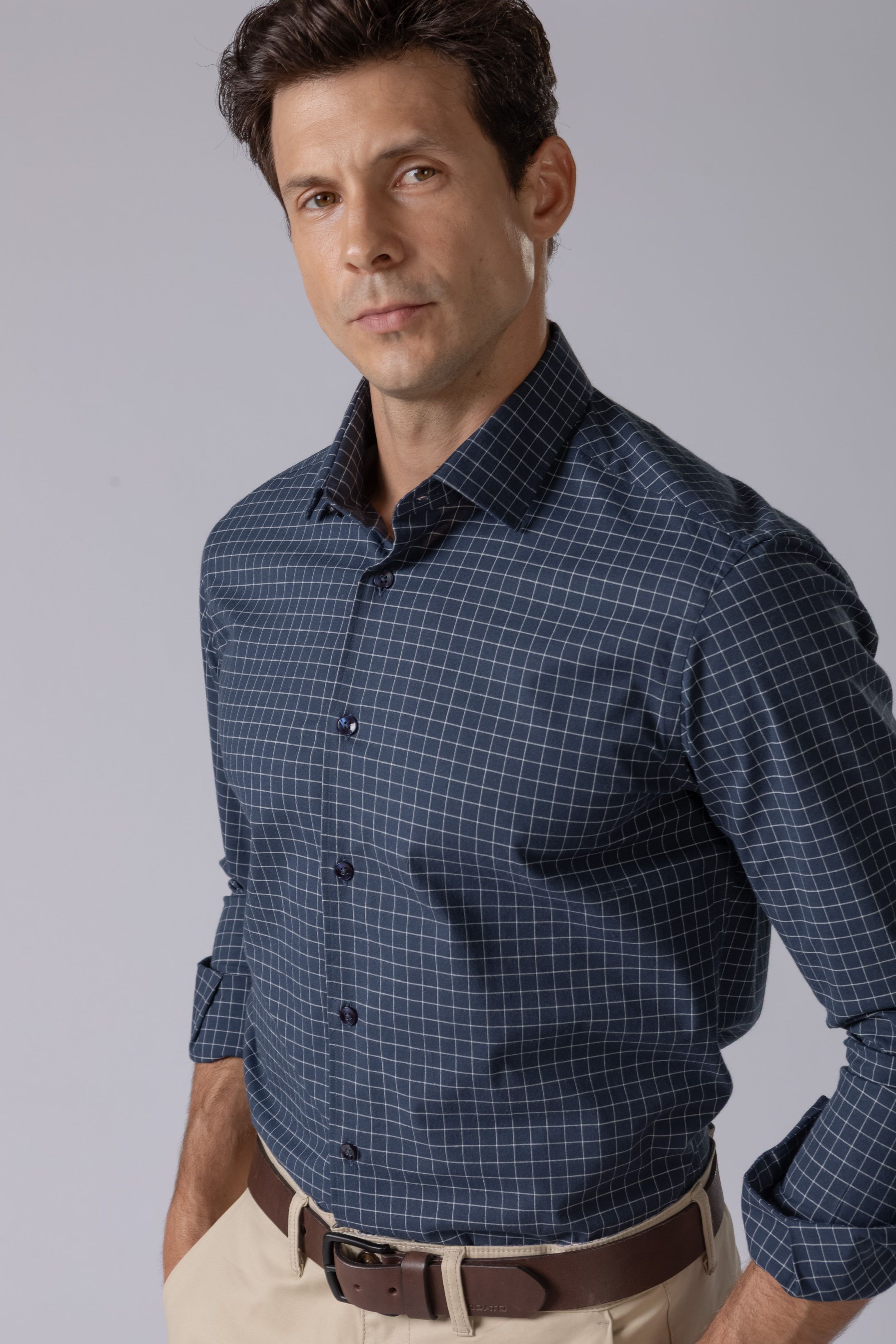 Camisa Manga Longa Slim fit Quadriculada Marinho - Diodato Alfaiataria