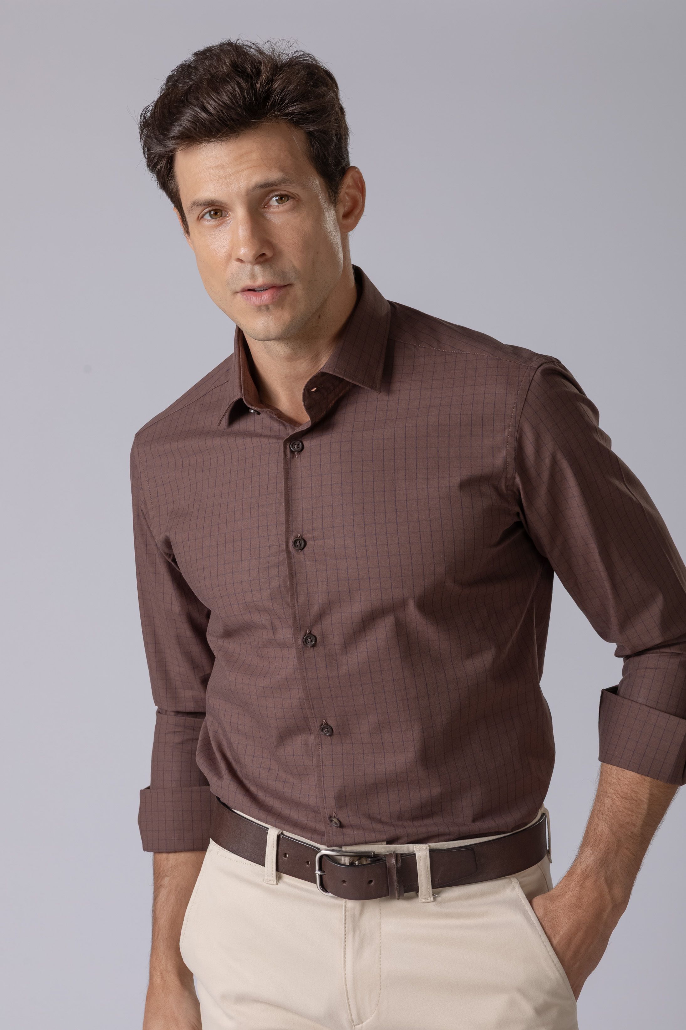 Camisa Manga Longa Slim fit Marrom Quadriculado