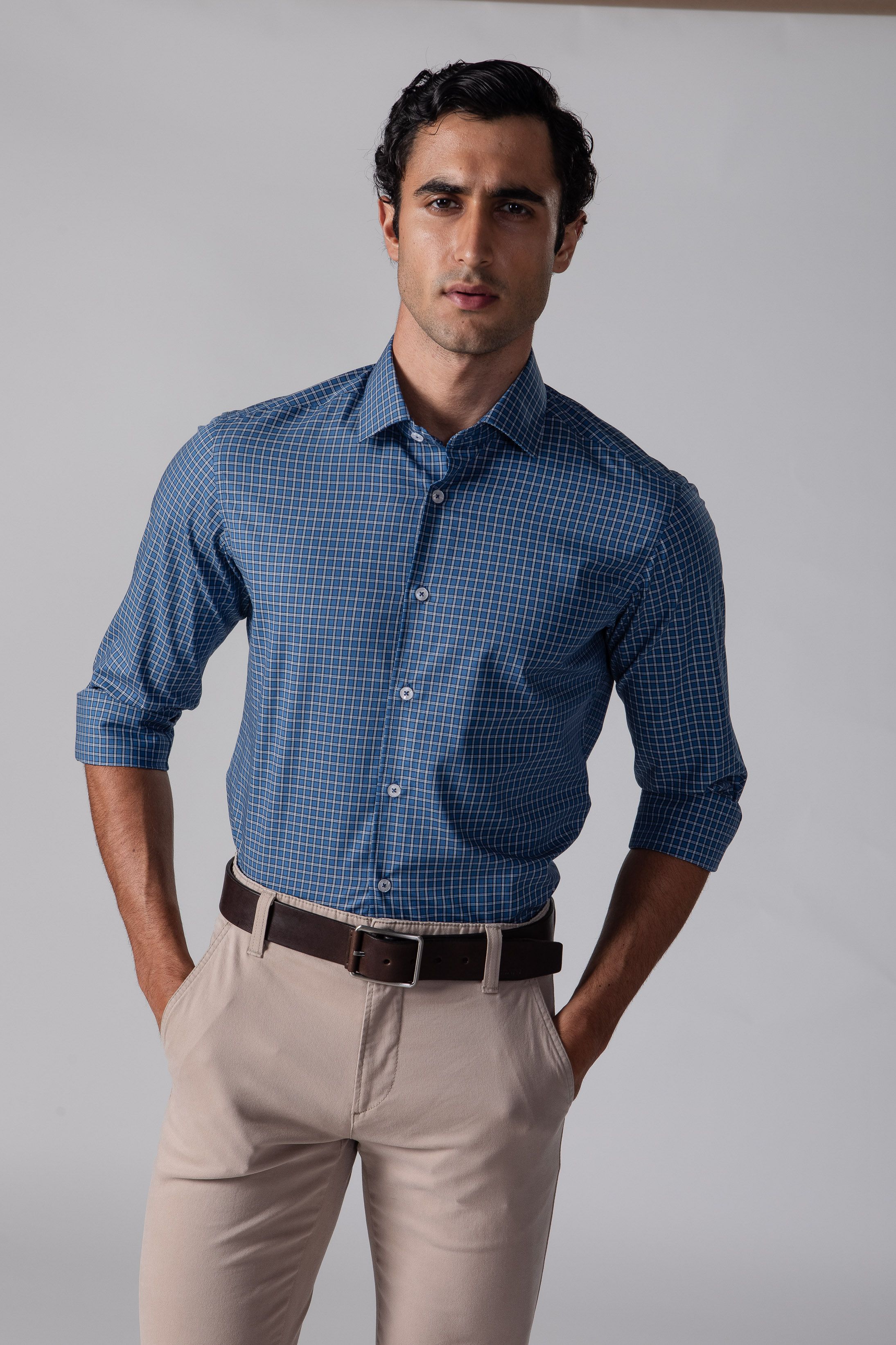 Camisa Manga Longa Slim fit Quadriculado azul - Diodato Alfaiataria