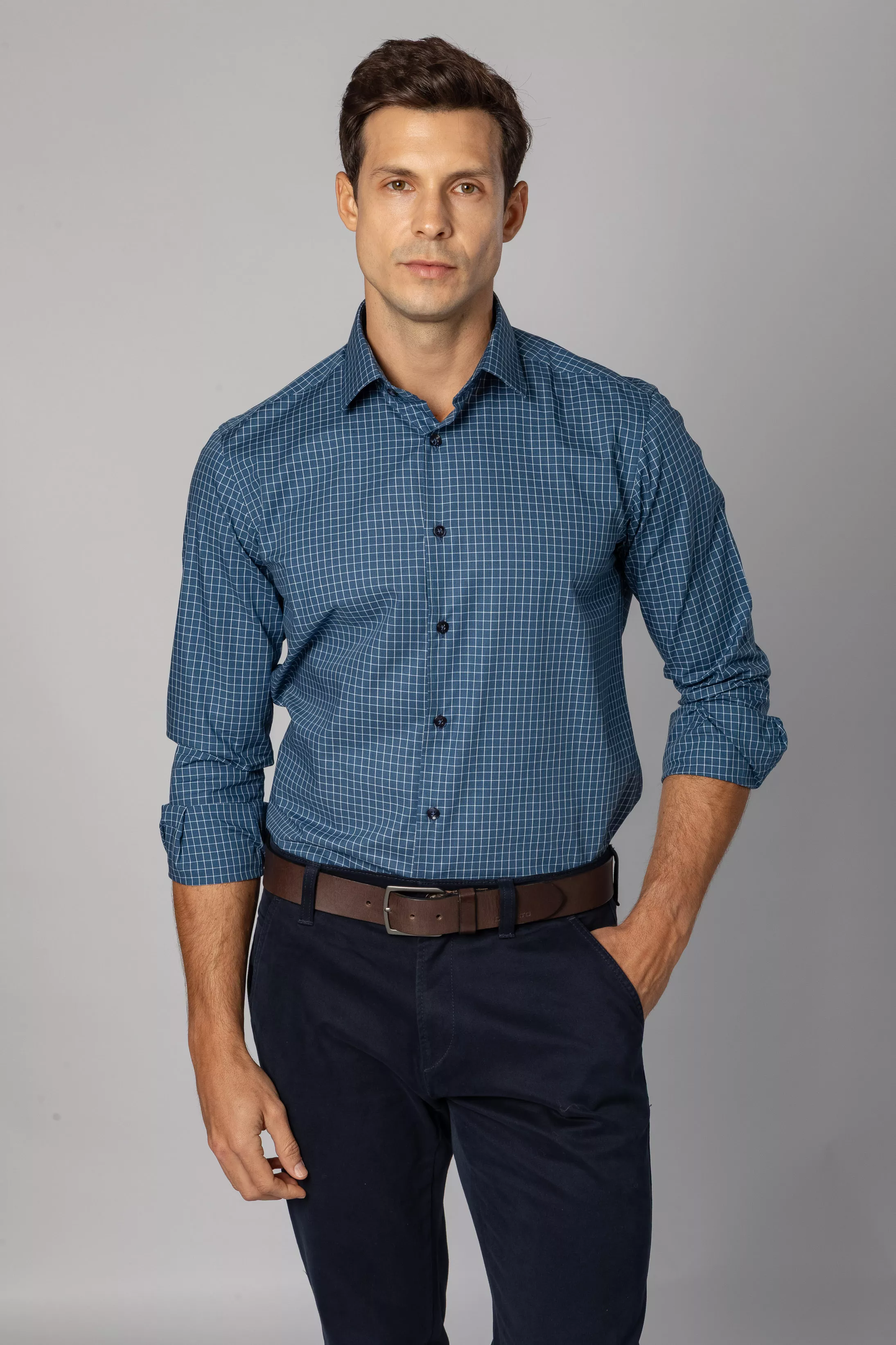 Camisa Manga Longa Slim fit Quadriculdo Marinho - Diodato Alfaiataria