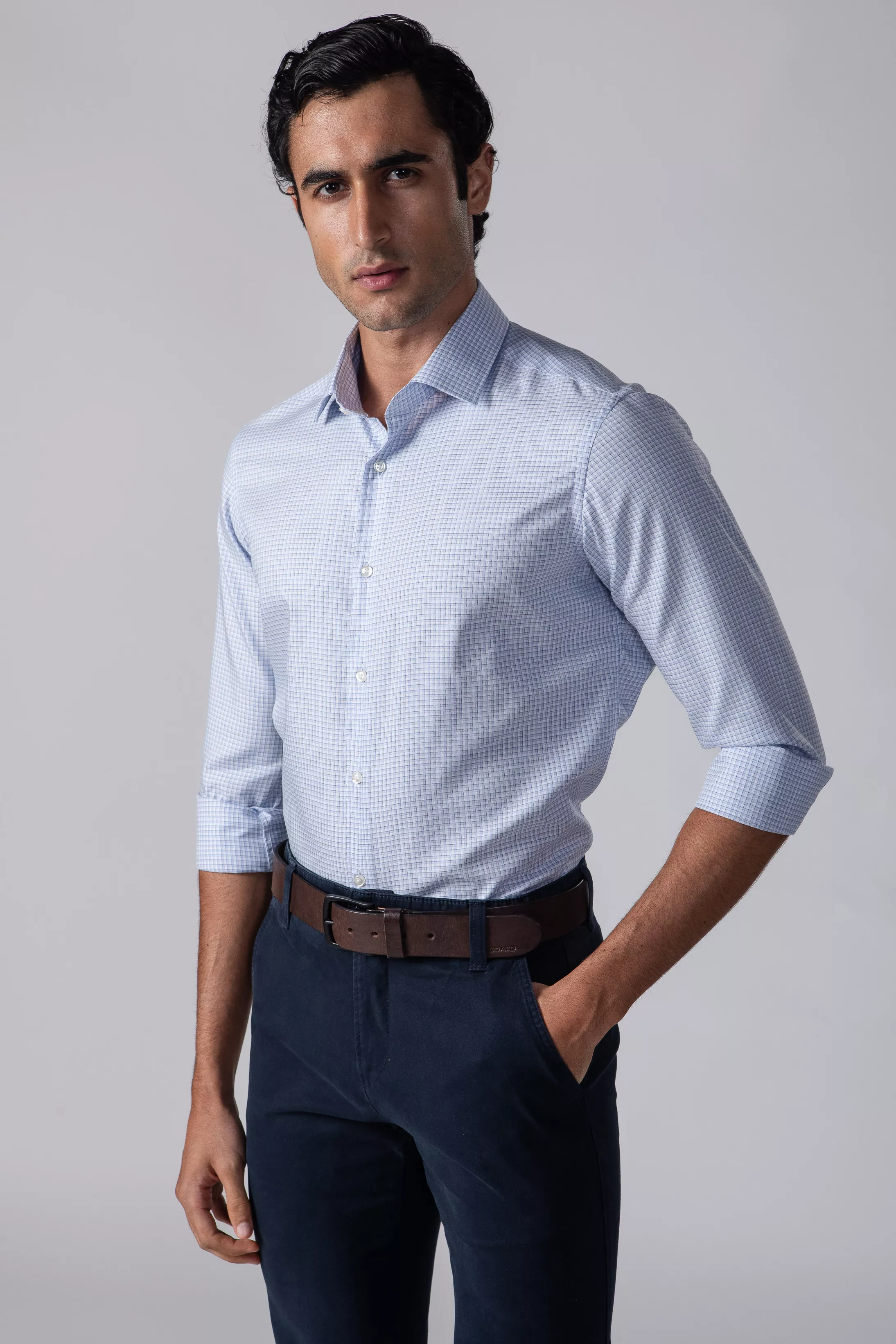 Camisa Manga Longa Slim fit Quadriculado Azul - Diodato Alfaiataria