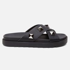 Sandália Birken Feminina Em Couro Vittal Marina Preta Tiras Cruzadas Com Sparkle