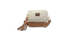 Bolsa Transversal Couro Legitimo Matelassê Off White com Whisky