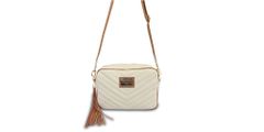 Bolsa Transversal Couro Legitimo Matelassê Off White com Whisky